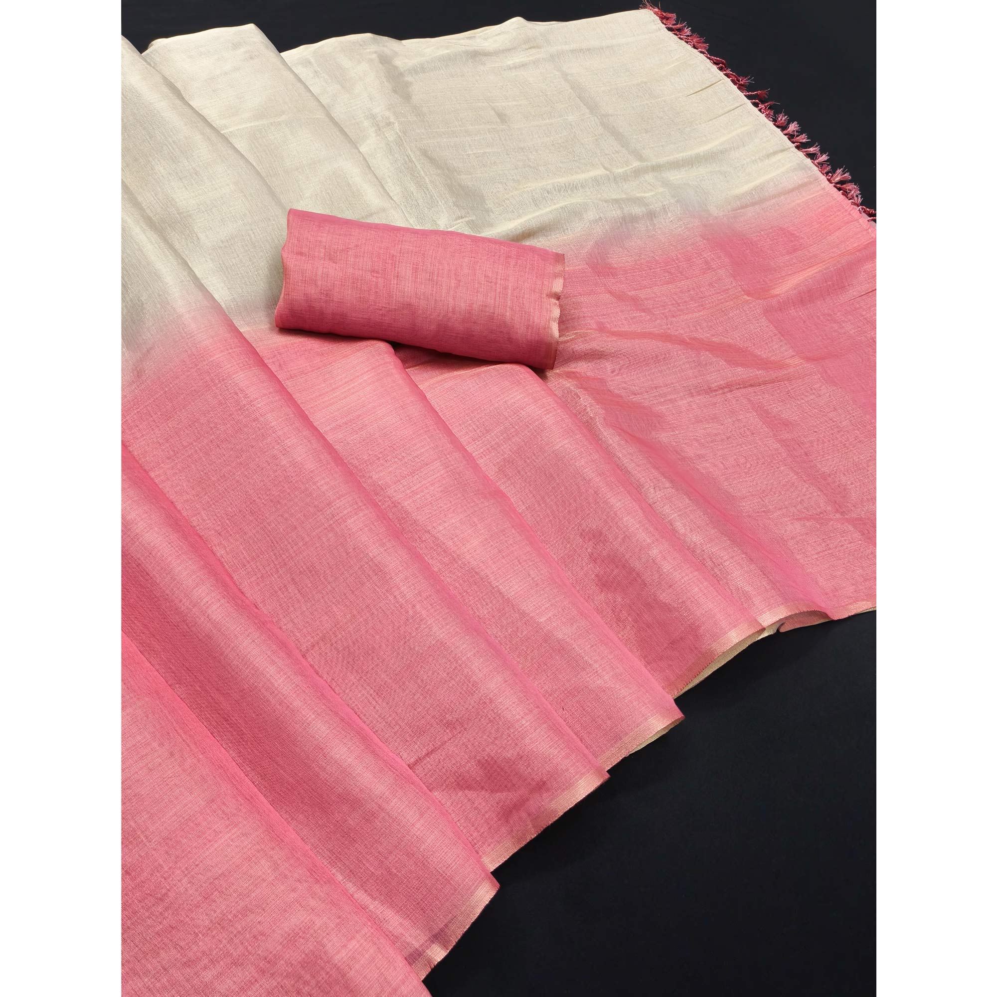 Solid Color Chikoo & Pink Saree in Art Silk with Decorative Ends