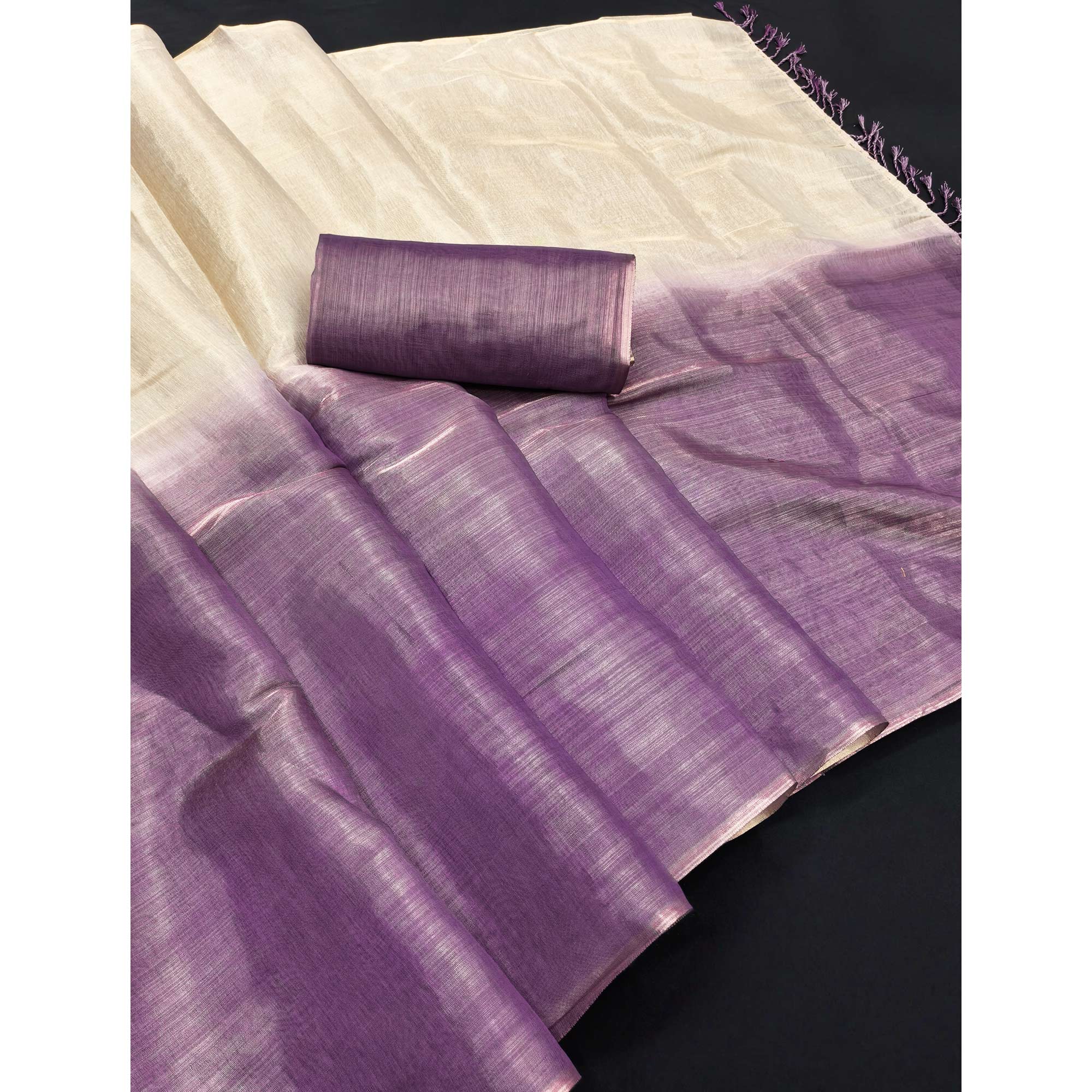 Solid Color Chikoo & Purple Saree in Art Silk with Decorative Ends