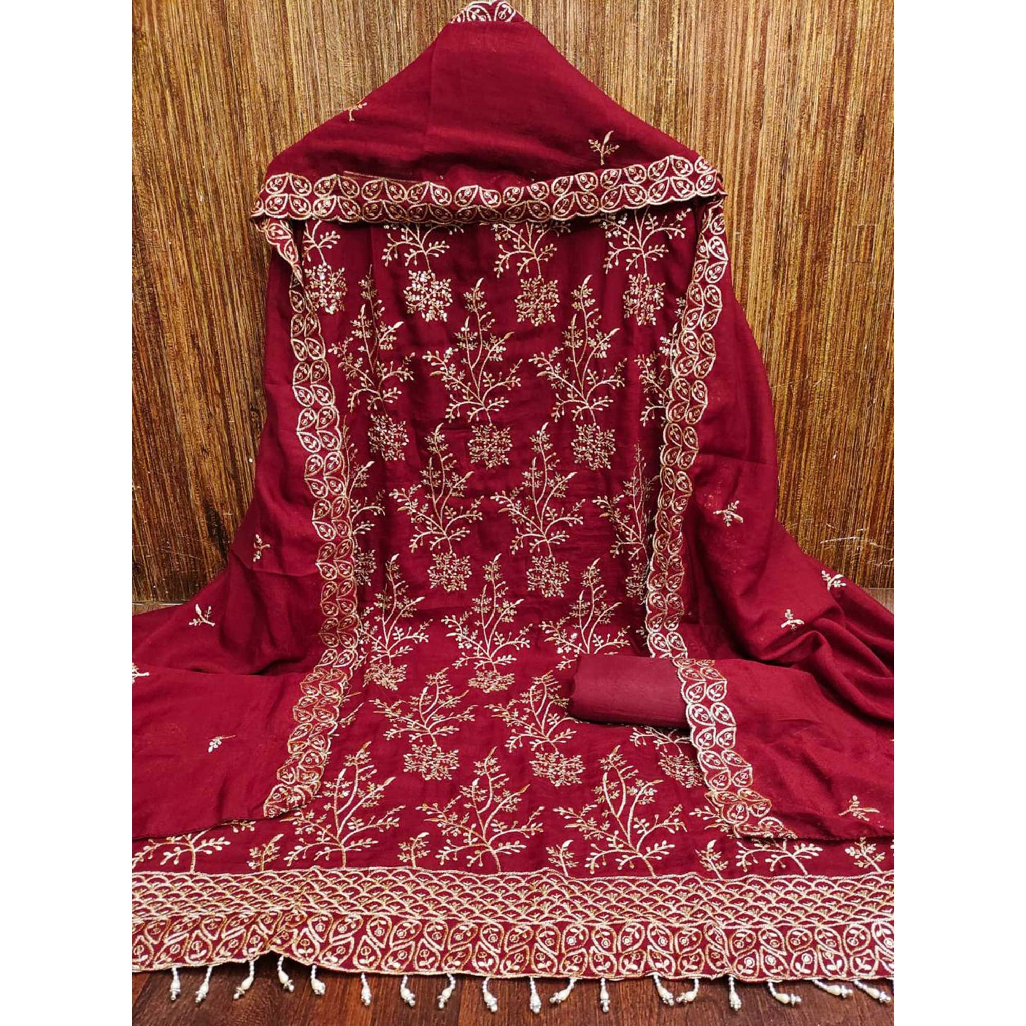 Maroon Vichitra Silk Dress Material with Sequins Embroidery