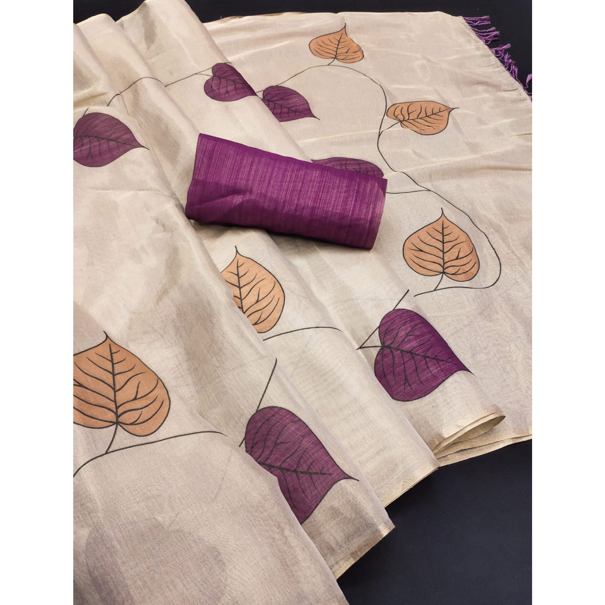 Beige & Purple Saree in Art Silk Featuring Leafy Print & Tassels