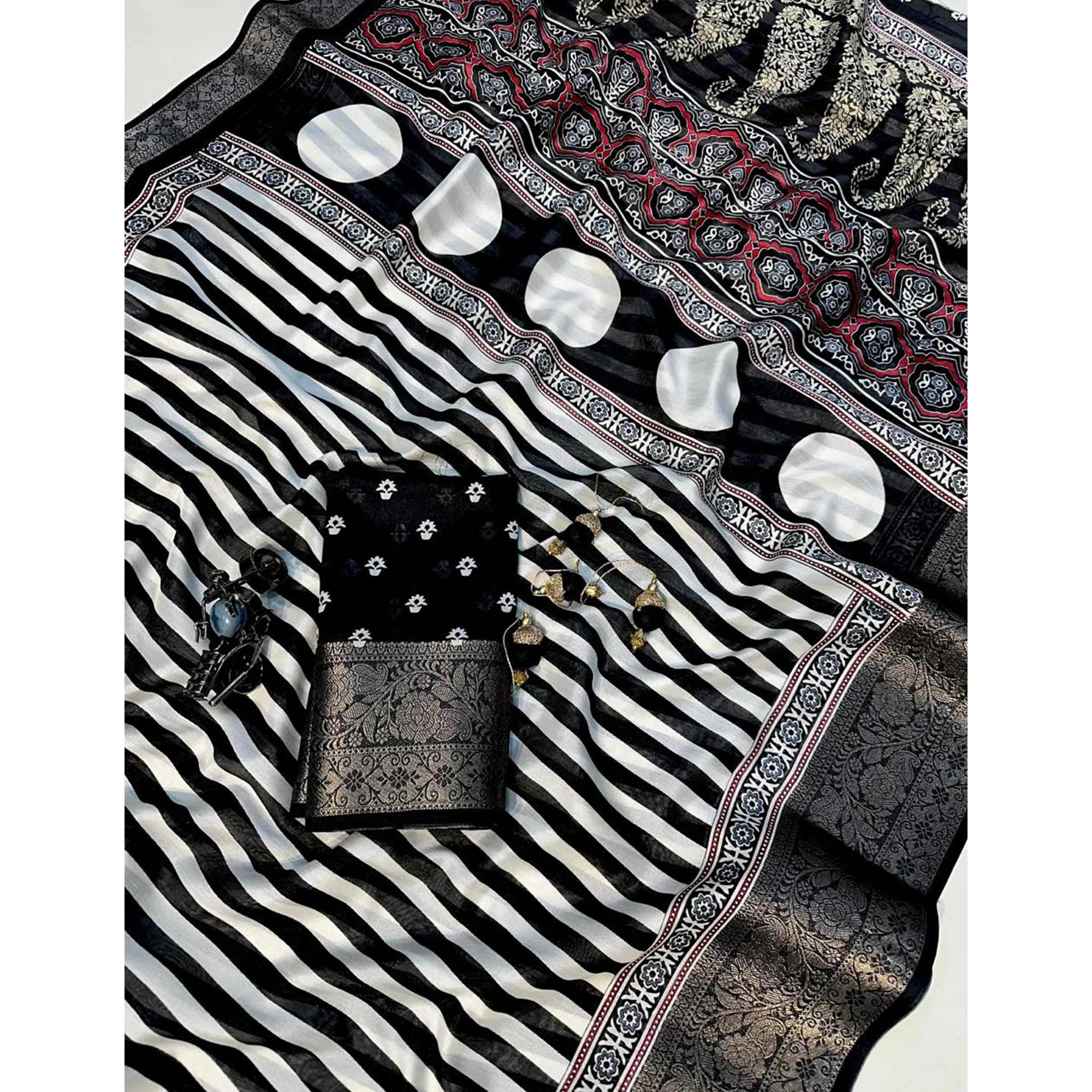 White & Black Woven Border Striped Print Dola Silk Saree for Festive Wear