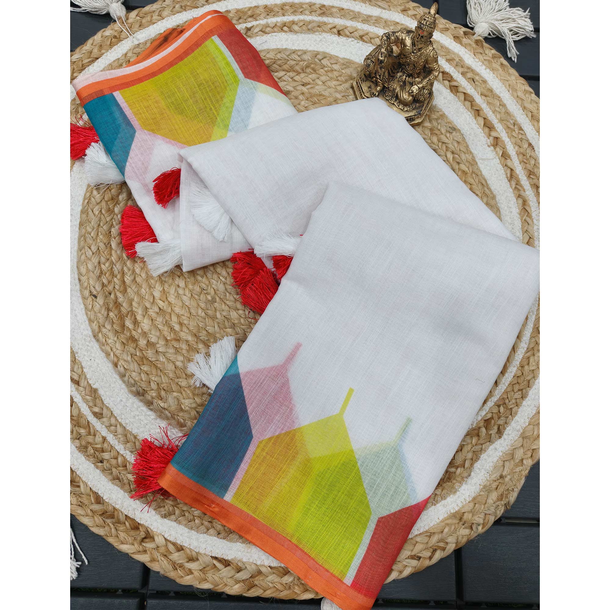 Elegant White Geometric Printed Linen Cotton Saree