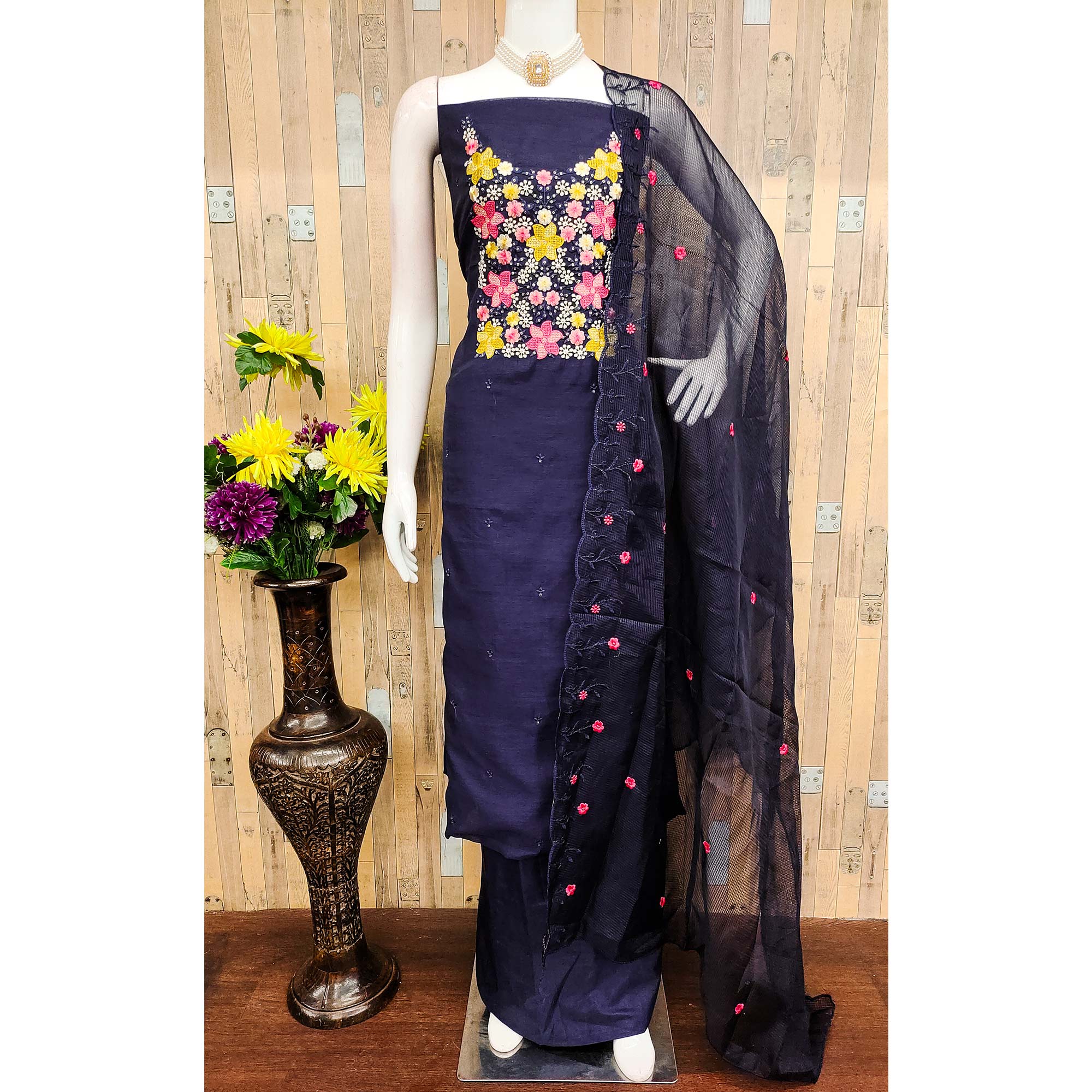 Blue Cotton Blend Unstitched Dress Fabric Featuring Delicate Floral Embroidery