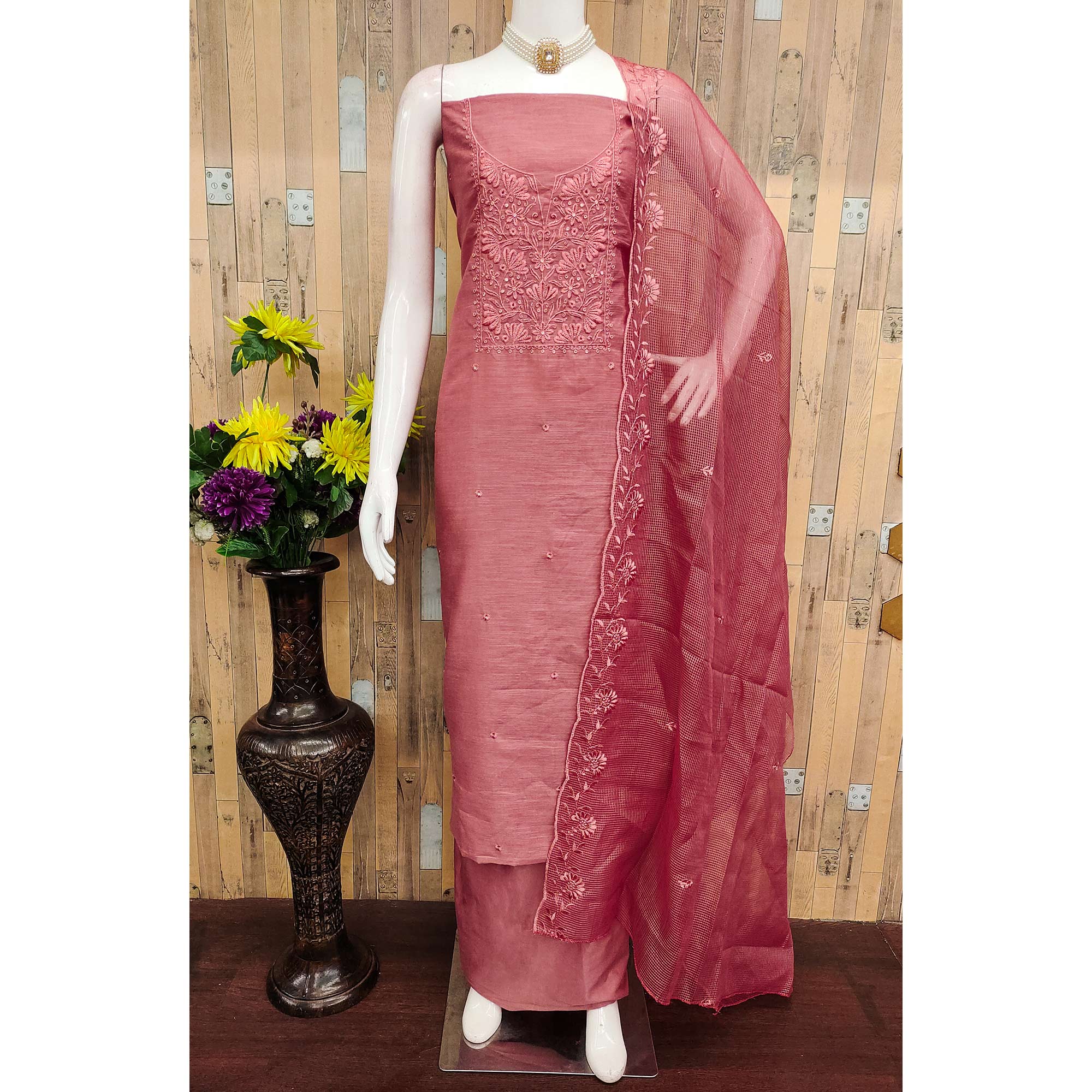 Festive Wear Peach Floral Embroidered Unstitched Cotton Blend Dress Material
