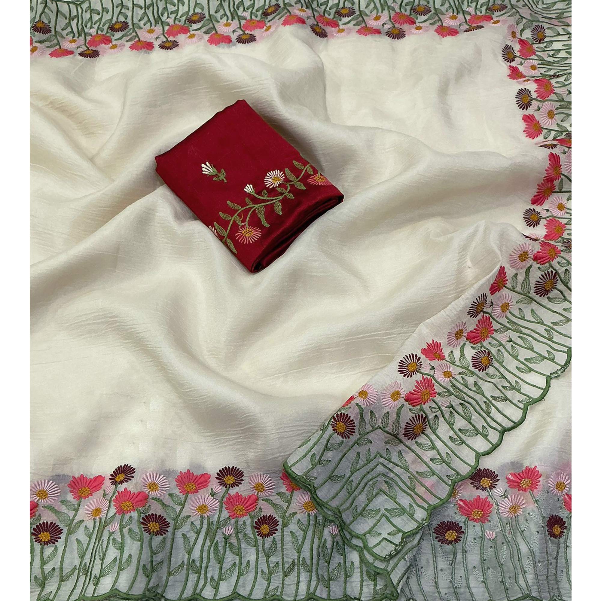 Vanilla White Lightweight Chiffon Saree Adorned with Floral Embroidery