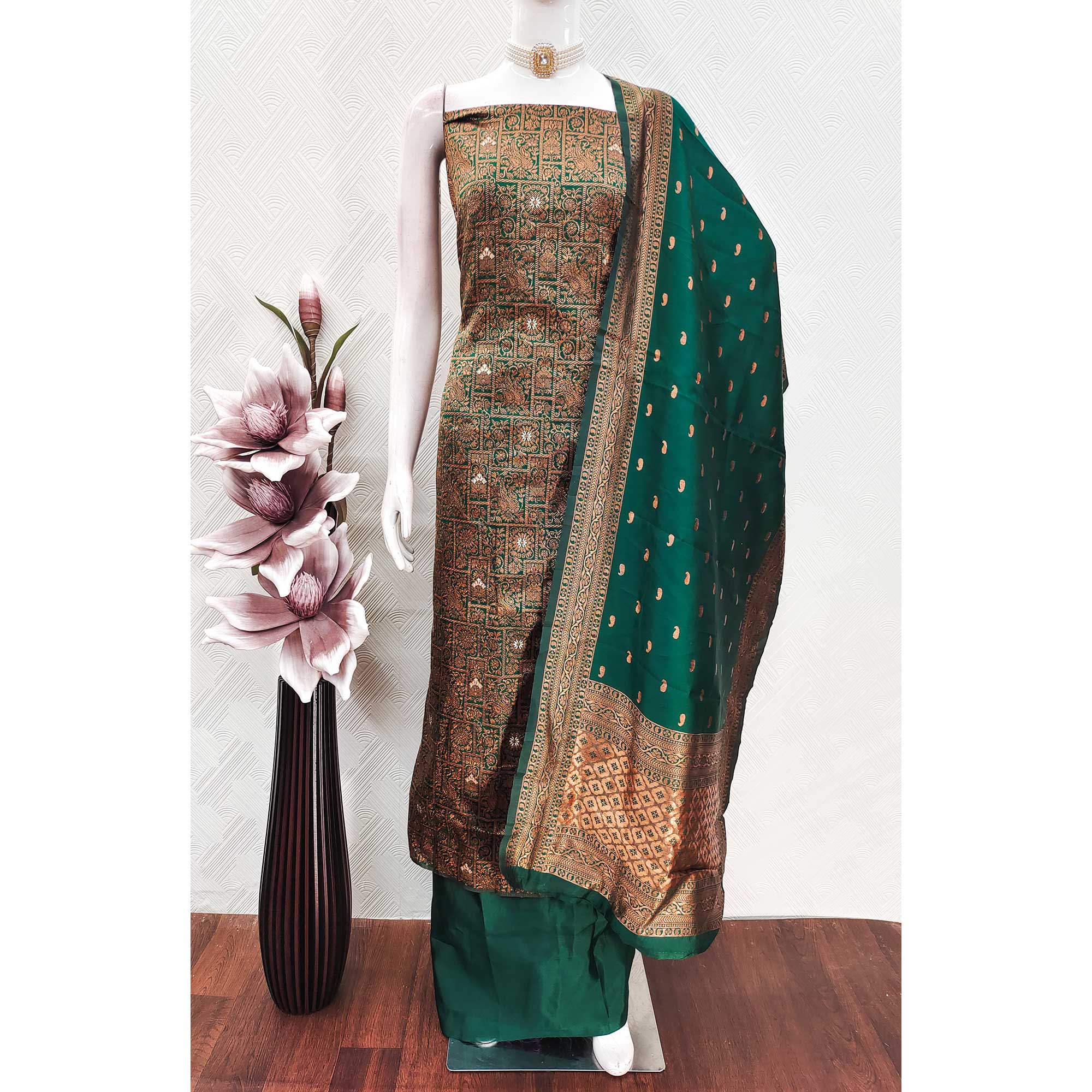 Green Banarasi Silk Dress Material With Heavy Zari Weaving