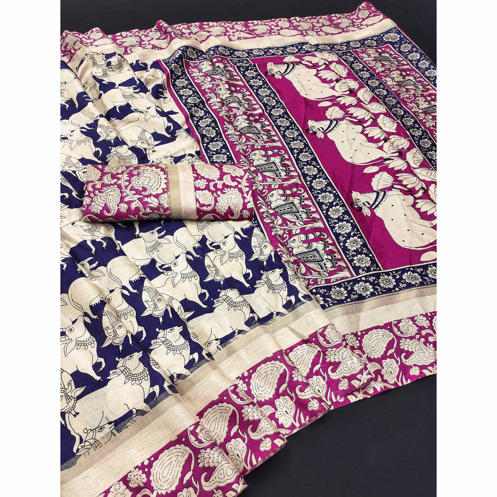 Blue & Pink Cotton Blend Saree Featuring Artistic Animal And Floral Print Fusion