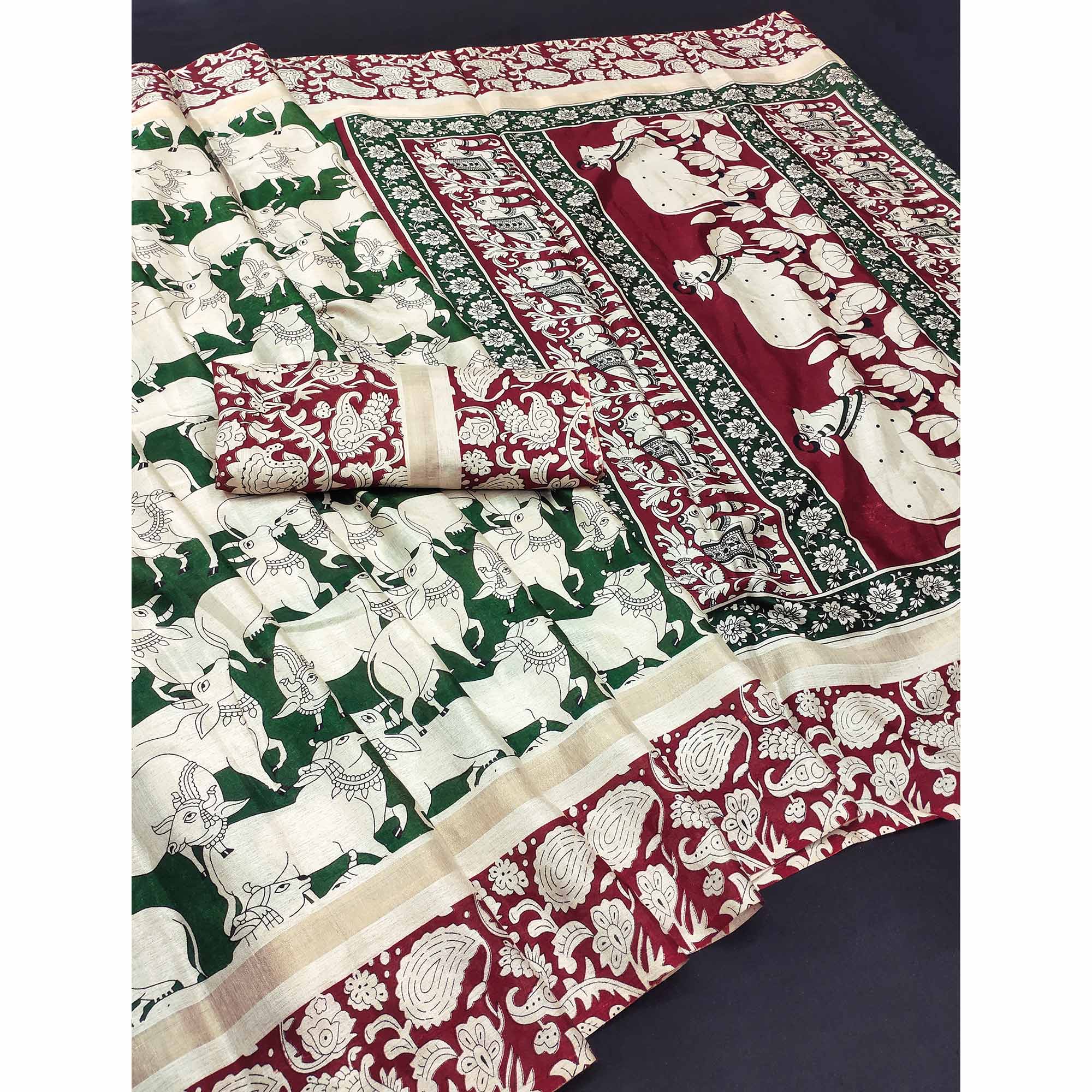 Green & Maroon Cotton Blend Saree Featuring Artistic Animal And Floral Print Fusion