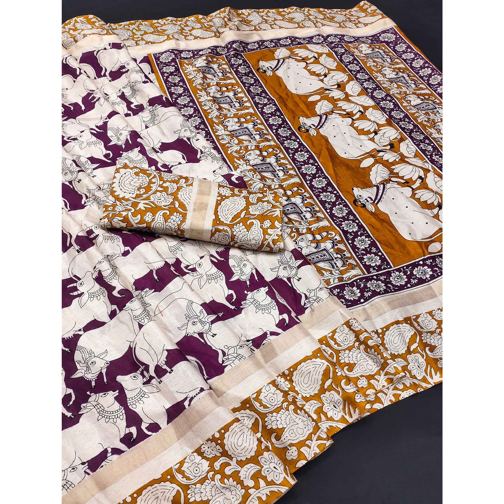 Wine & Mustard Cotton Blend Saree Featuring Artistic Animal And Floral Print Fusion