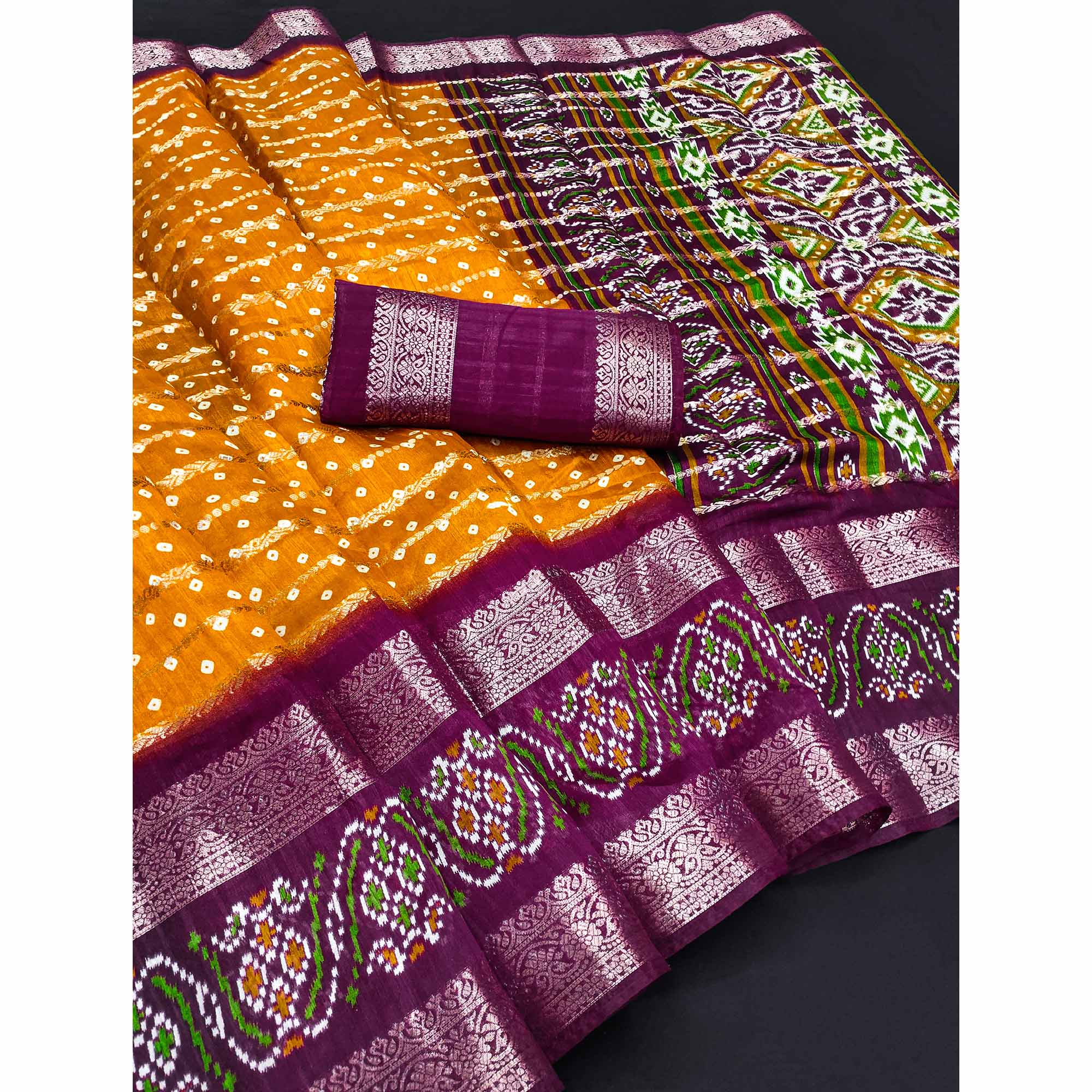Mustard Dola Silk Saree With Traditional Bandhani Motifs & Intricate Zari Weaving Elegance