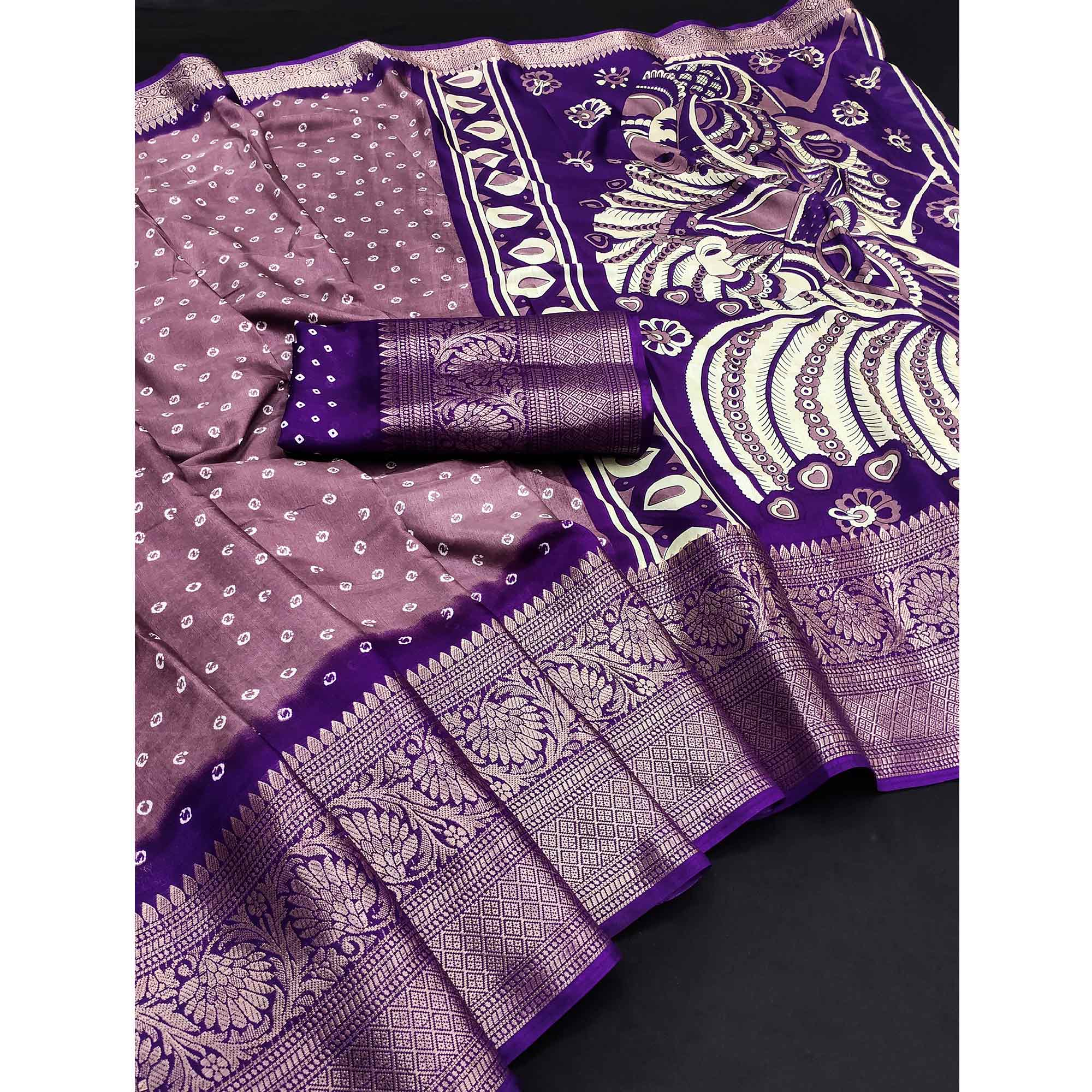 Mauve Bandhani Design Dola Silk Saree with Classic Zari Detailing