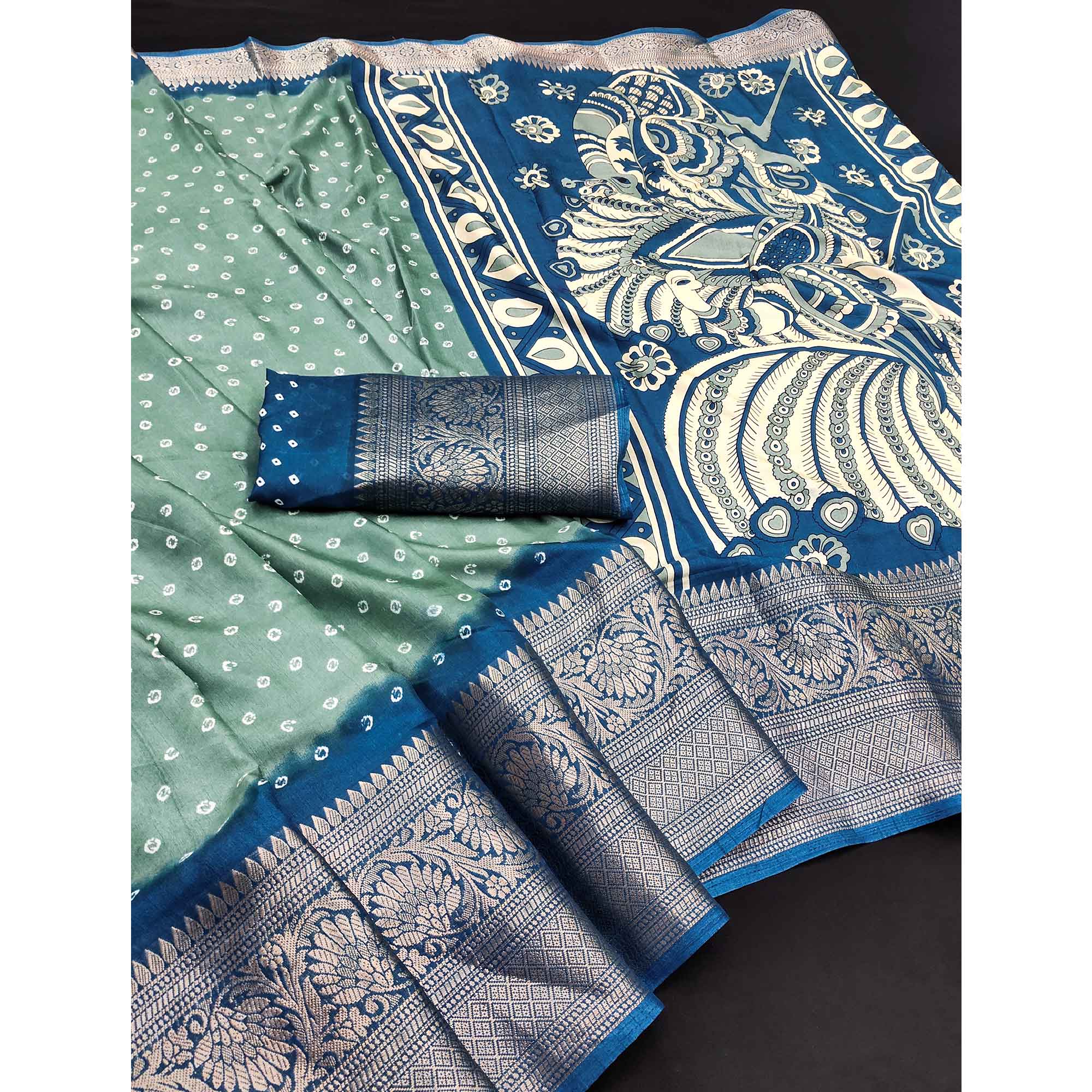 Sea Green Bandhani Design Dola Silk Saree with Classic Zari Detailing