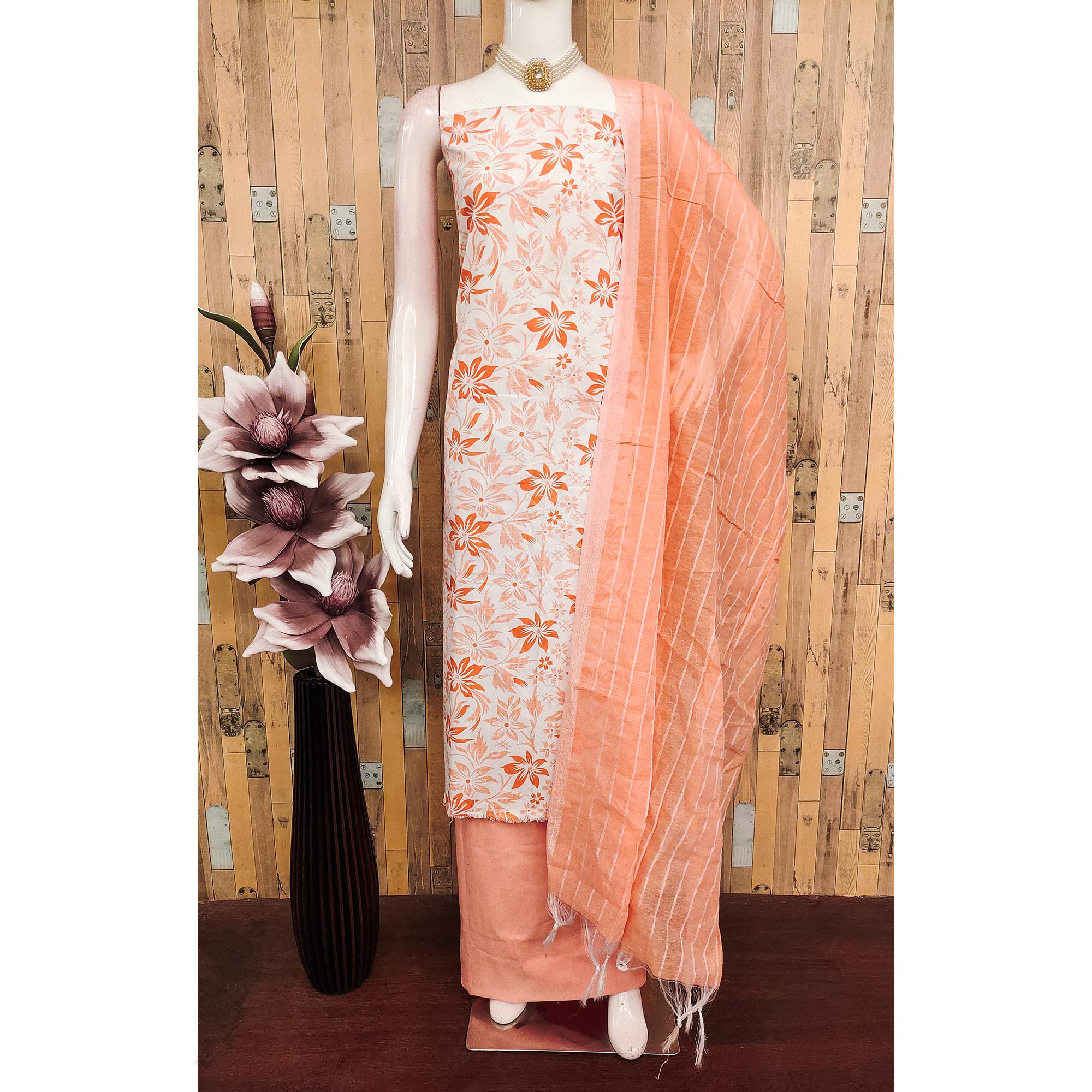 Pure Cotton Orange Dress Material with Delicate Floral Prints
