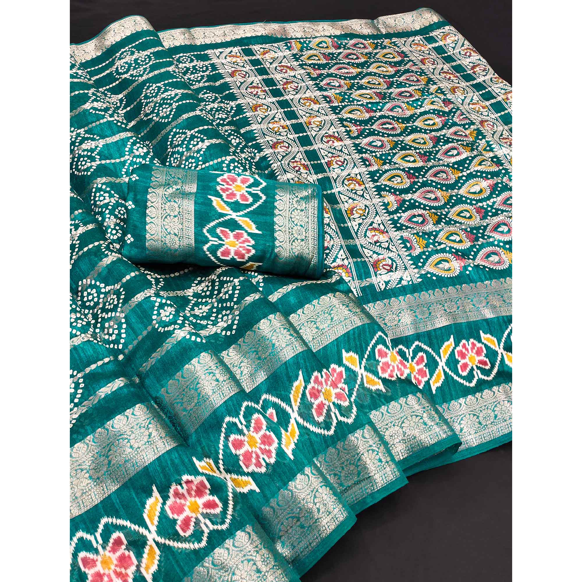 Festive Rama Green Bandhani Print Saree with Rich Zari Detailing
