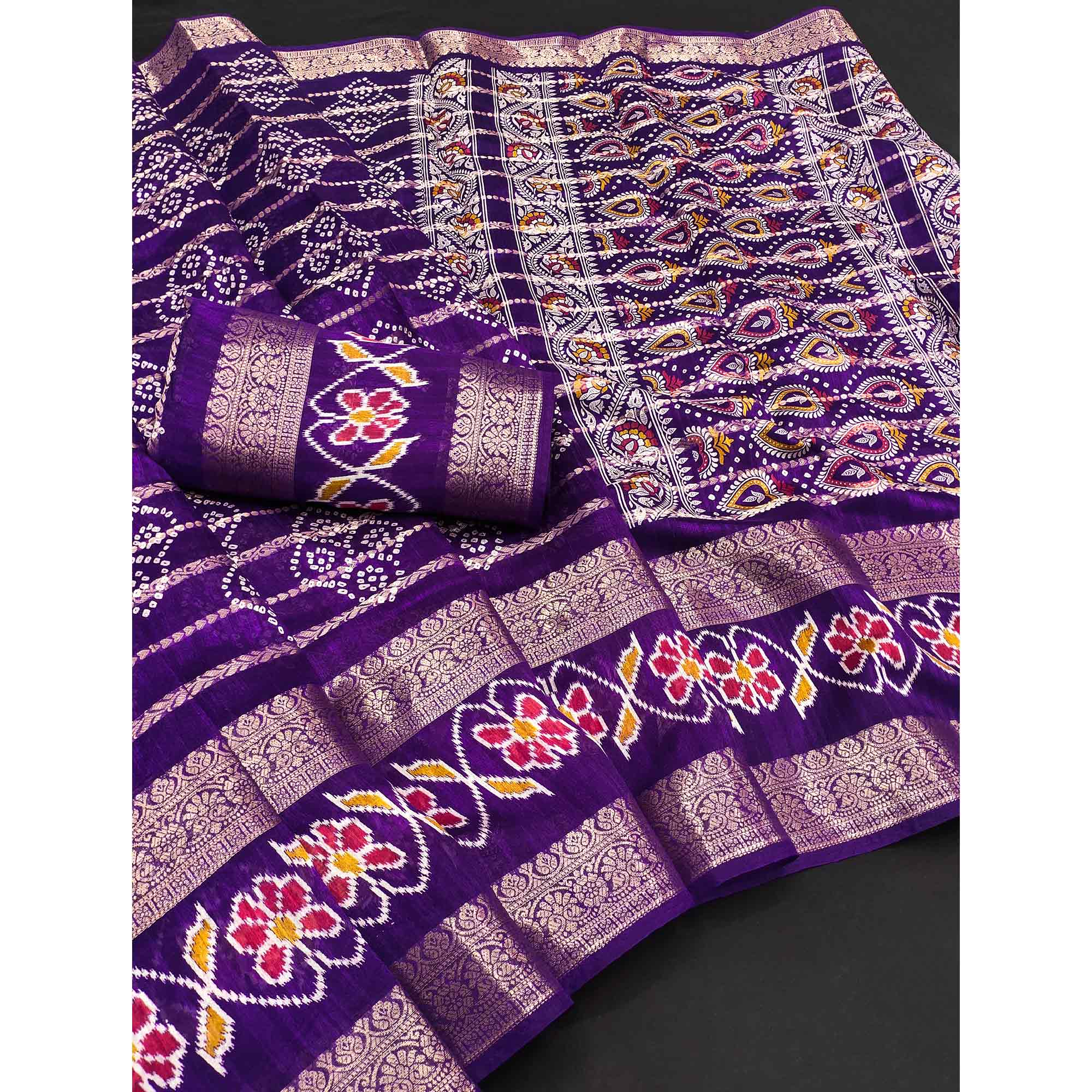 Festive Violet Bandhani Print Saree with Rich Zari Detailing
