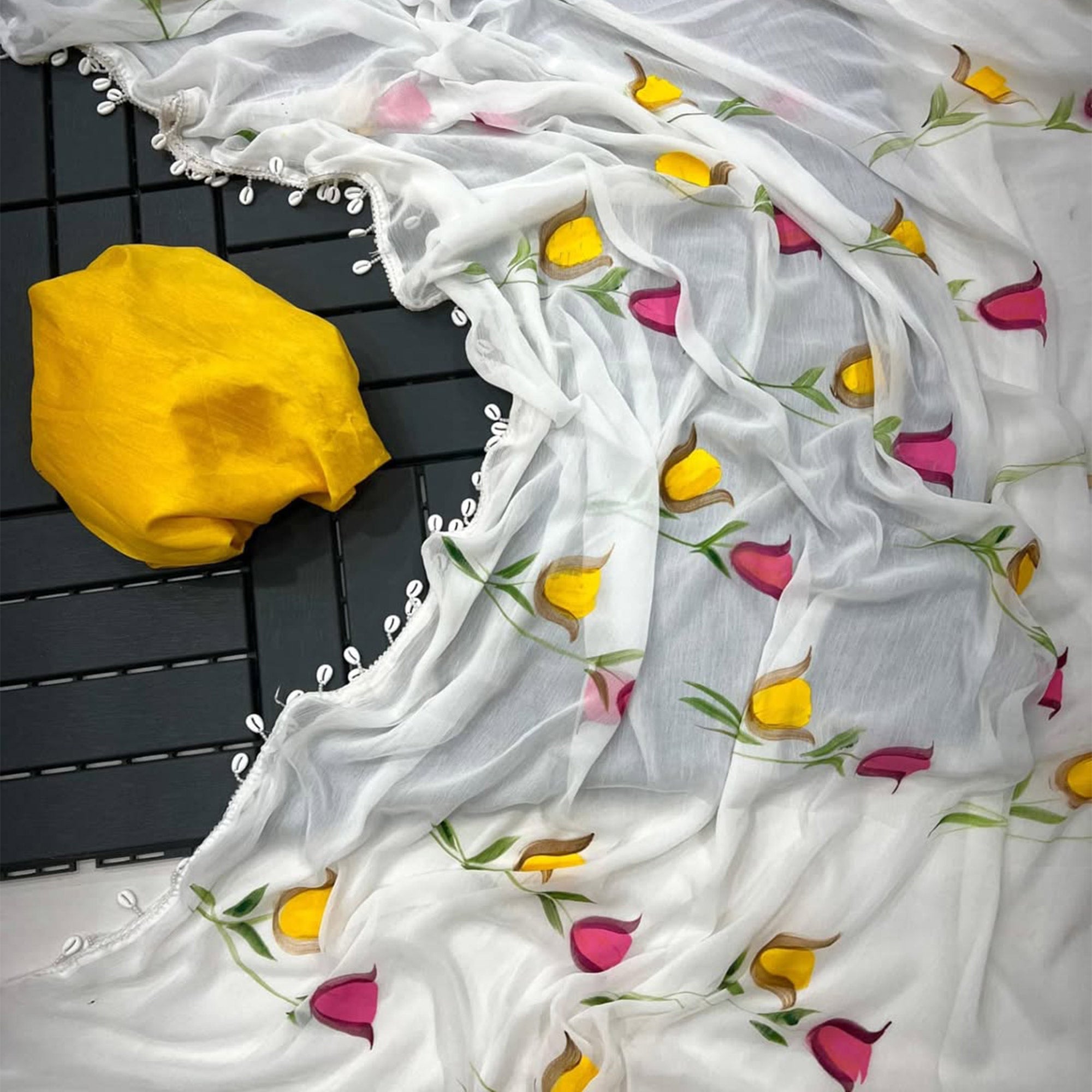 White Floral Printed Georgette Party Wear Saree With Cowrie Shell Edge