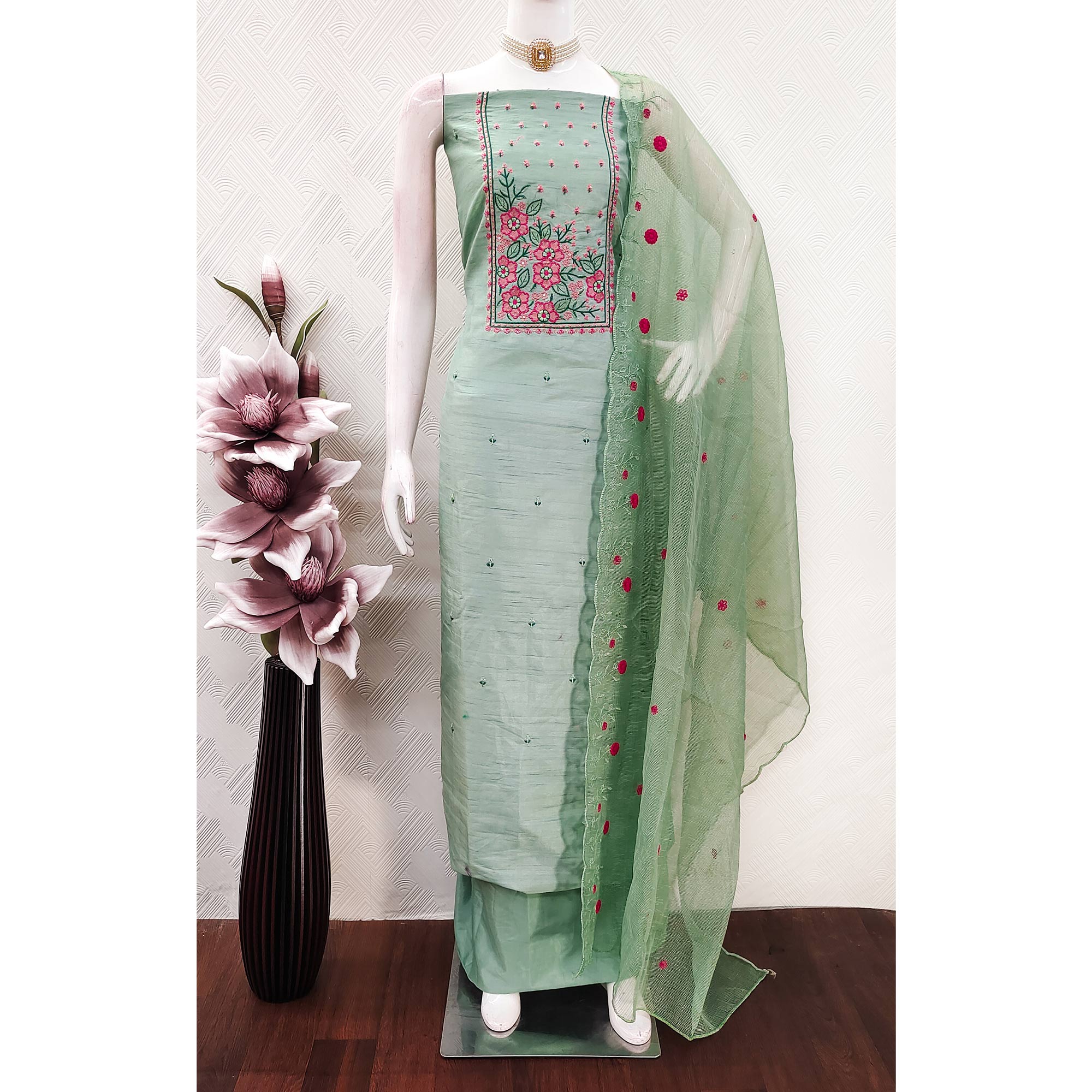 Green Cotton Blend Dress Material Featuring Delicate Floral Embroidery & Sequins Work