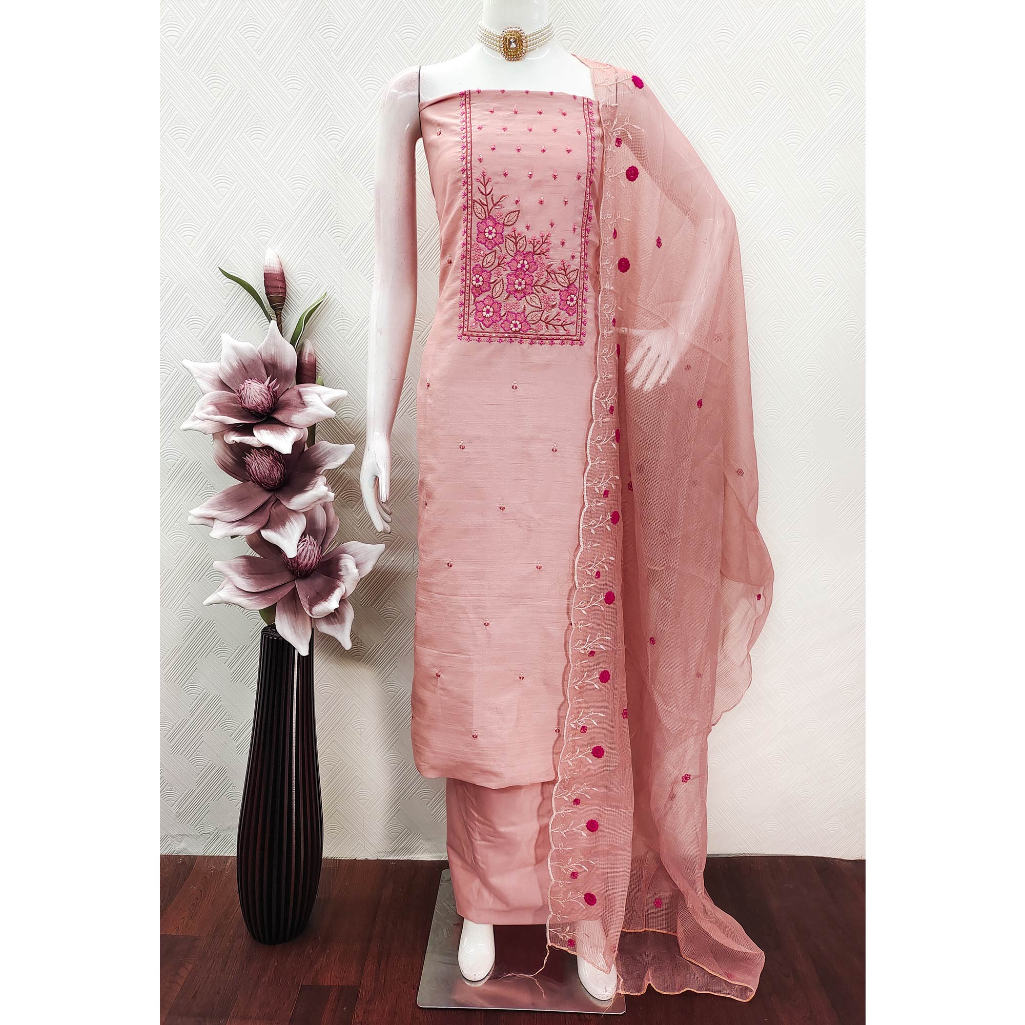 Peach Cotton Blend Dress Material Featuring Delicate Floral Embroidery & Sequins Work