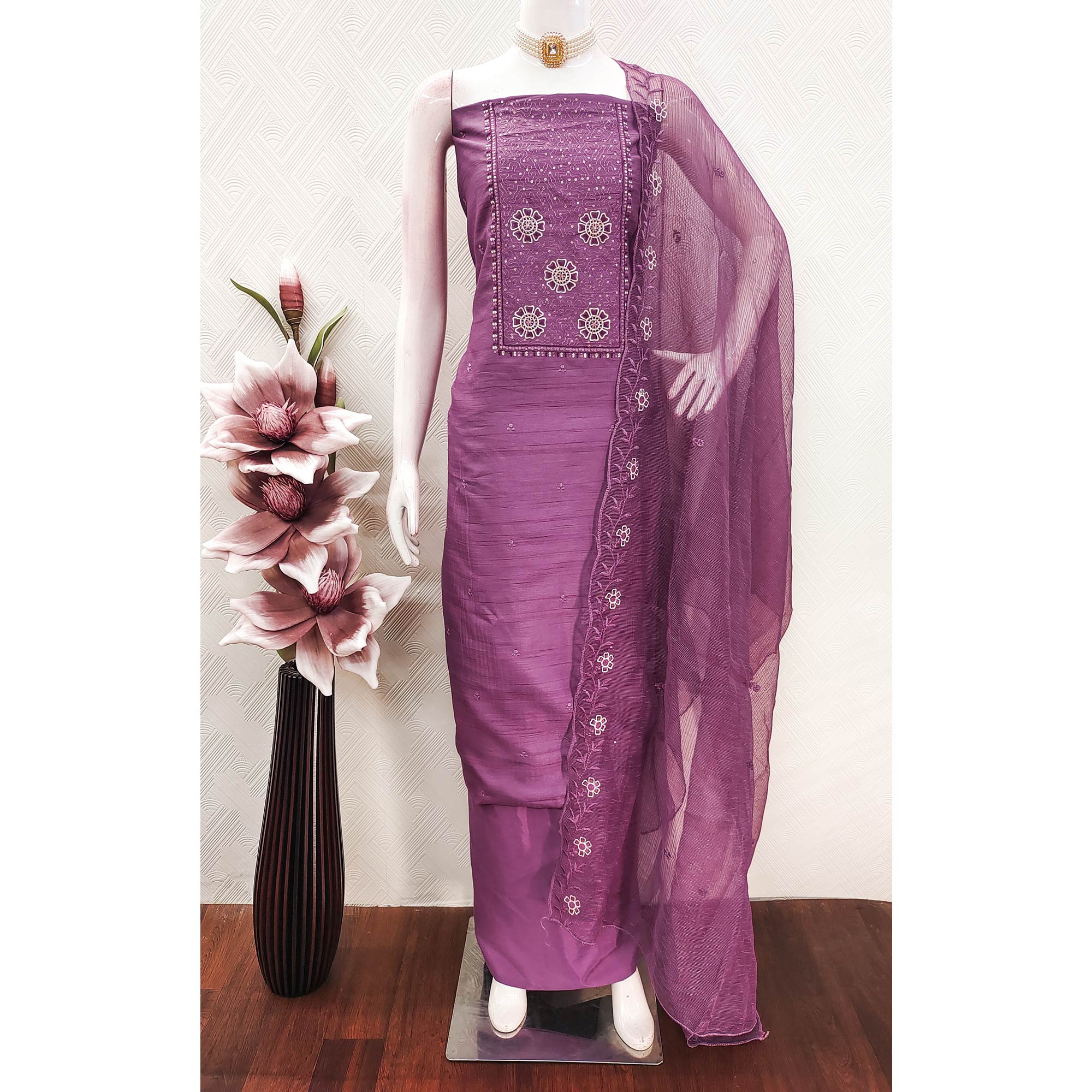 Plum Purple Elegance In Cotton Blend Dress Material With Floral Thread & Sequin Work