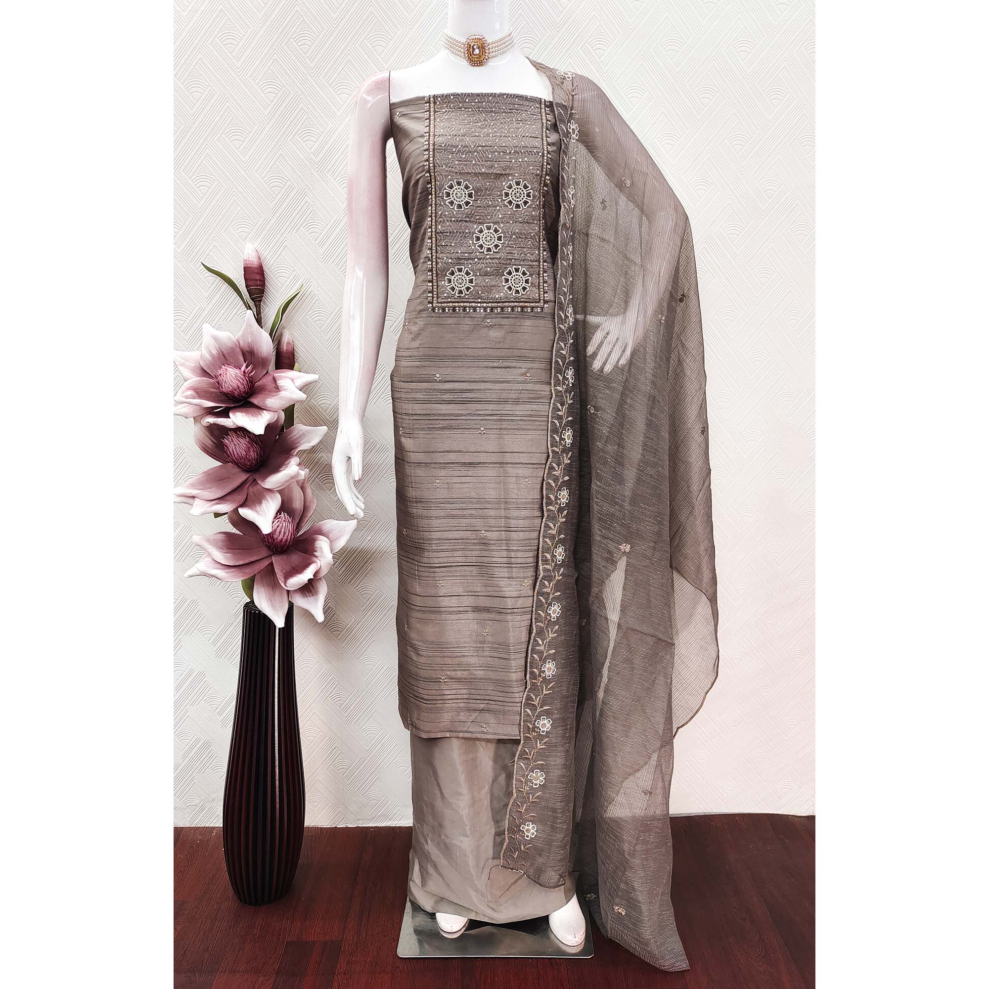 Taupe Elegance In Cotton Blend Dress Material With Floral Thread & Sequin Work