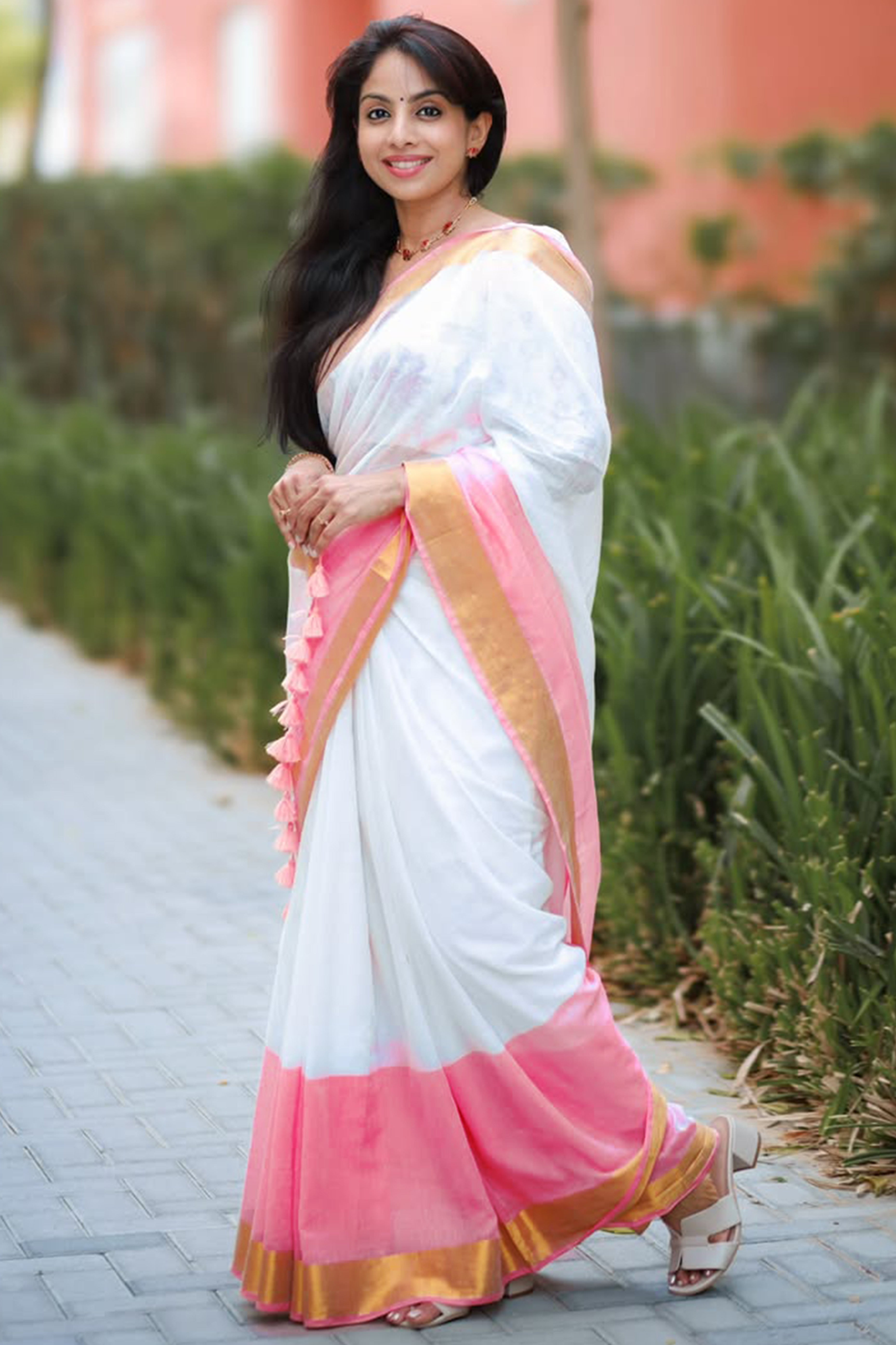 Soft Linen Saree in White and Pink with Woven Touch