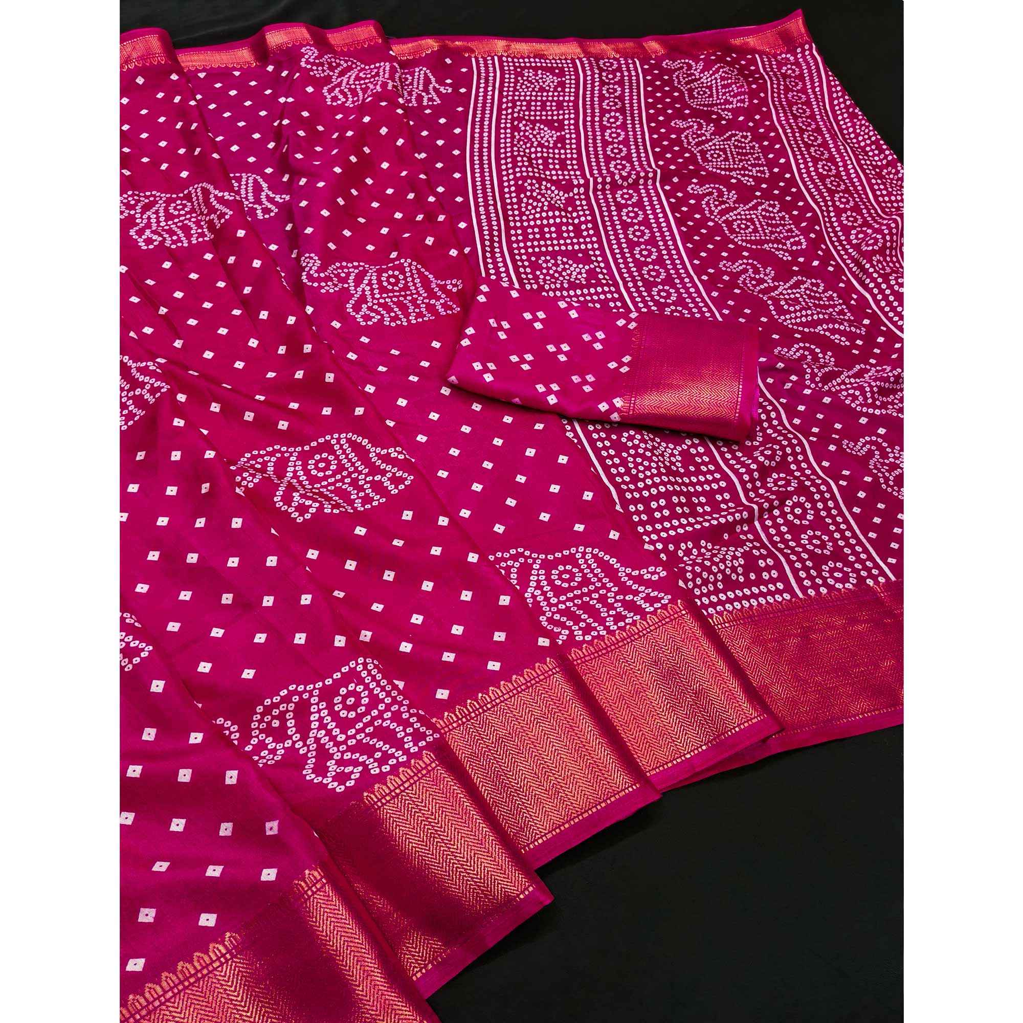 Pink Dola Silk Saree Featuring Traditional Bandhani Print & Elegant Weaving Border