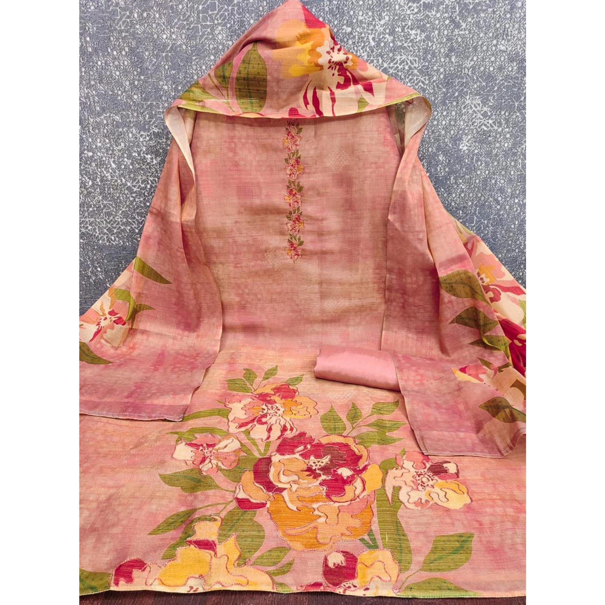 Pink Silk Blend Dress Material With Floral Print Accents & Delicate Thread Embroidery