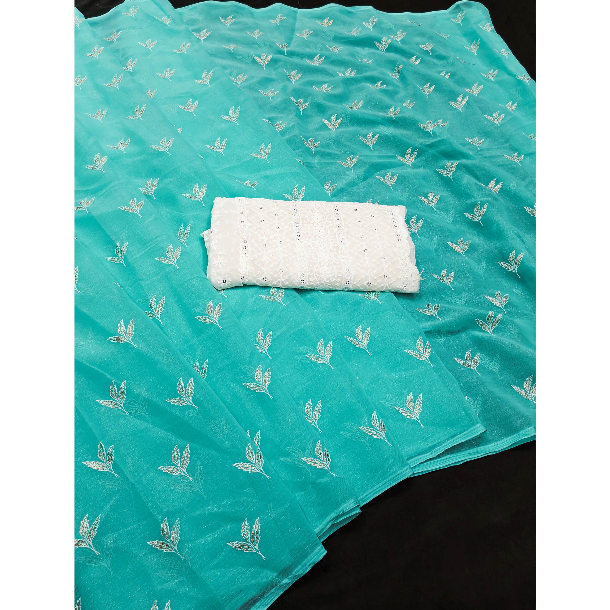 Turquoise Chiffon Saree Adorned With Shimmering Floral Foil Print