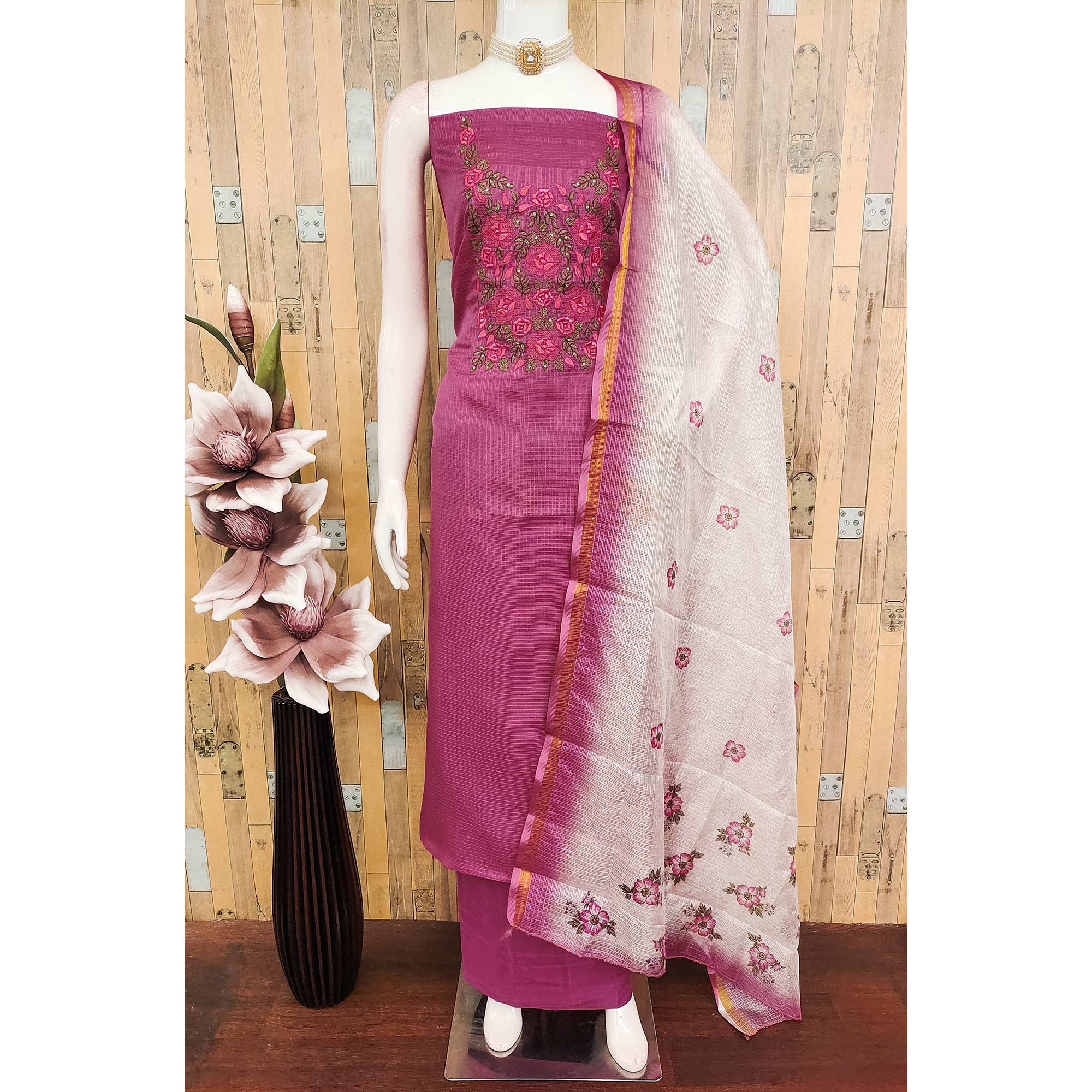 Magenta Kota Doria Dress Material Adorned With Delicate Floral Sequins Embroidery Work