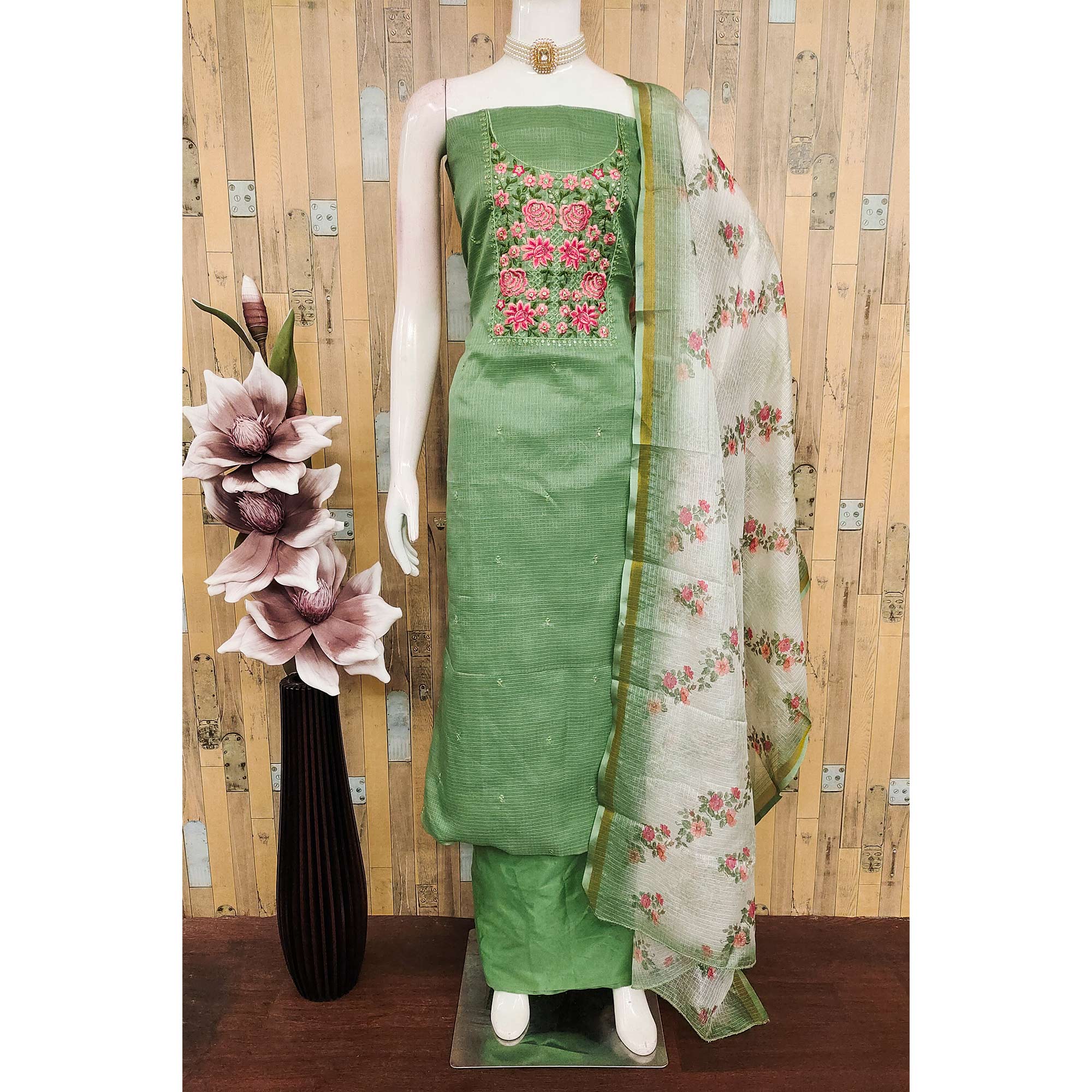 Green Kota Doria Dress Material Featuring Elegant Floral Design With Sparkling Sequins Embroidery