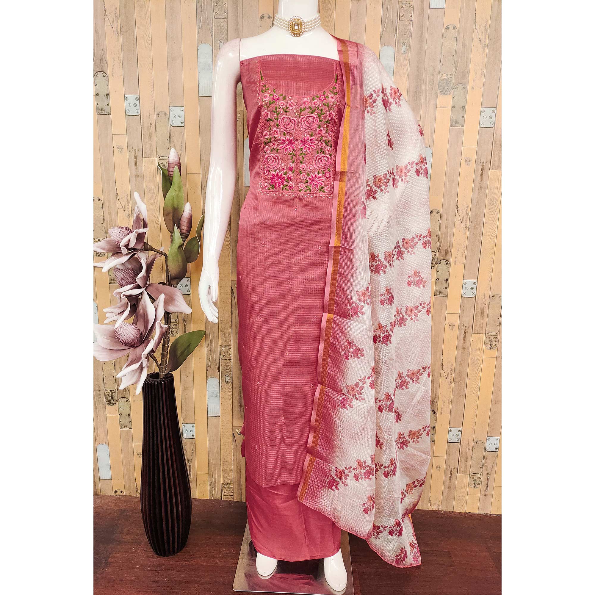 Pink Kota Doria Dress Material Featuring Elegant Floral Design With Sparkling Sequins Embroidery