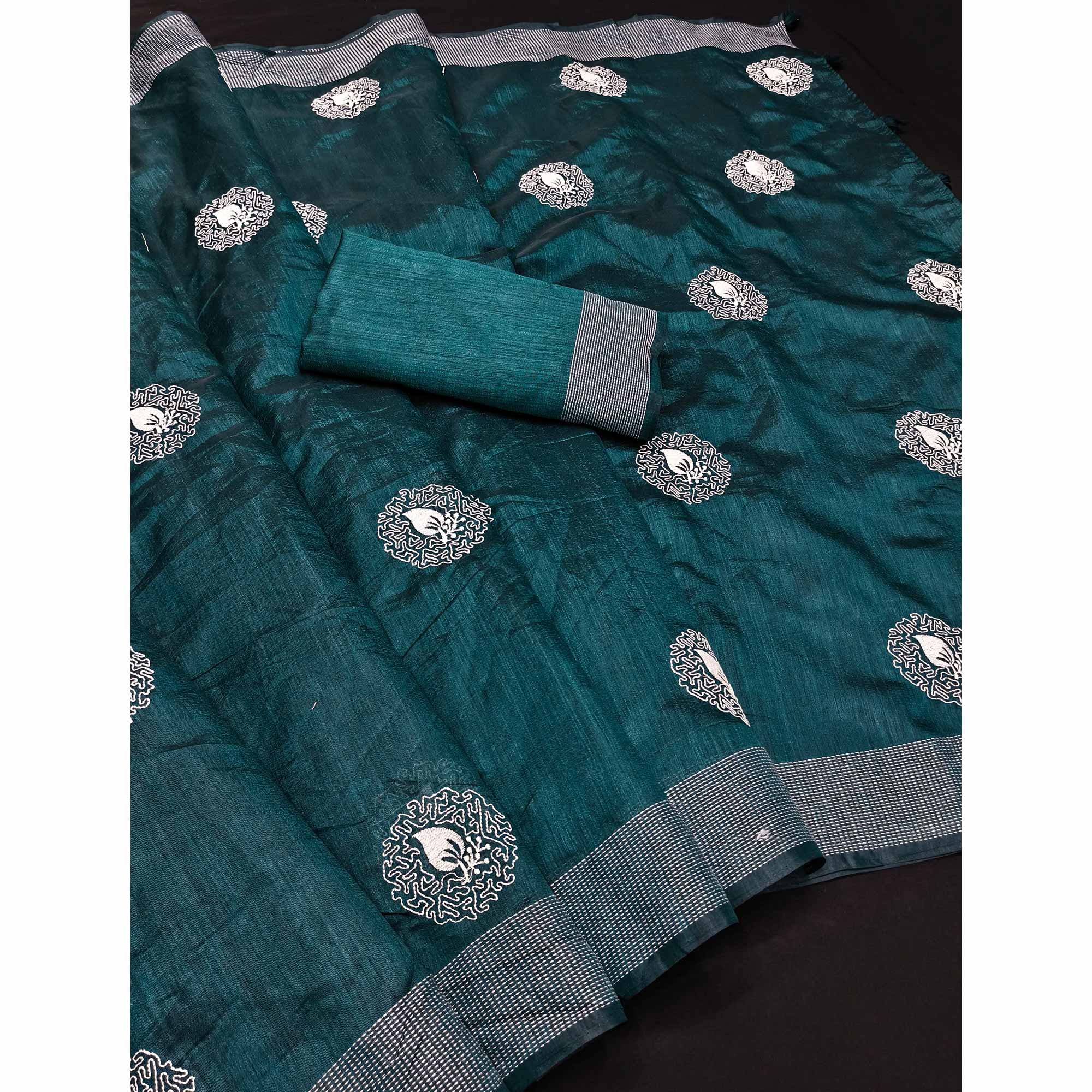 Teal Embroidered Art Silk Saree Adorned with Classic Zari Weaving Details