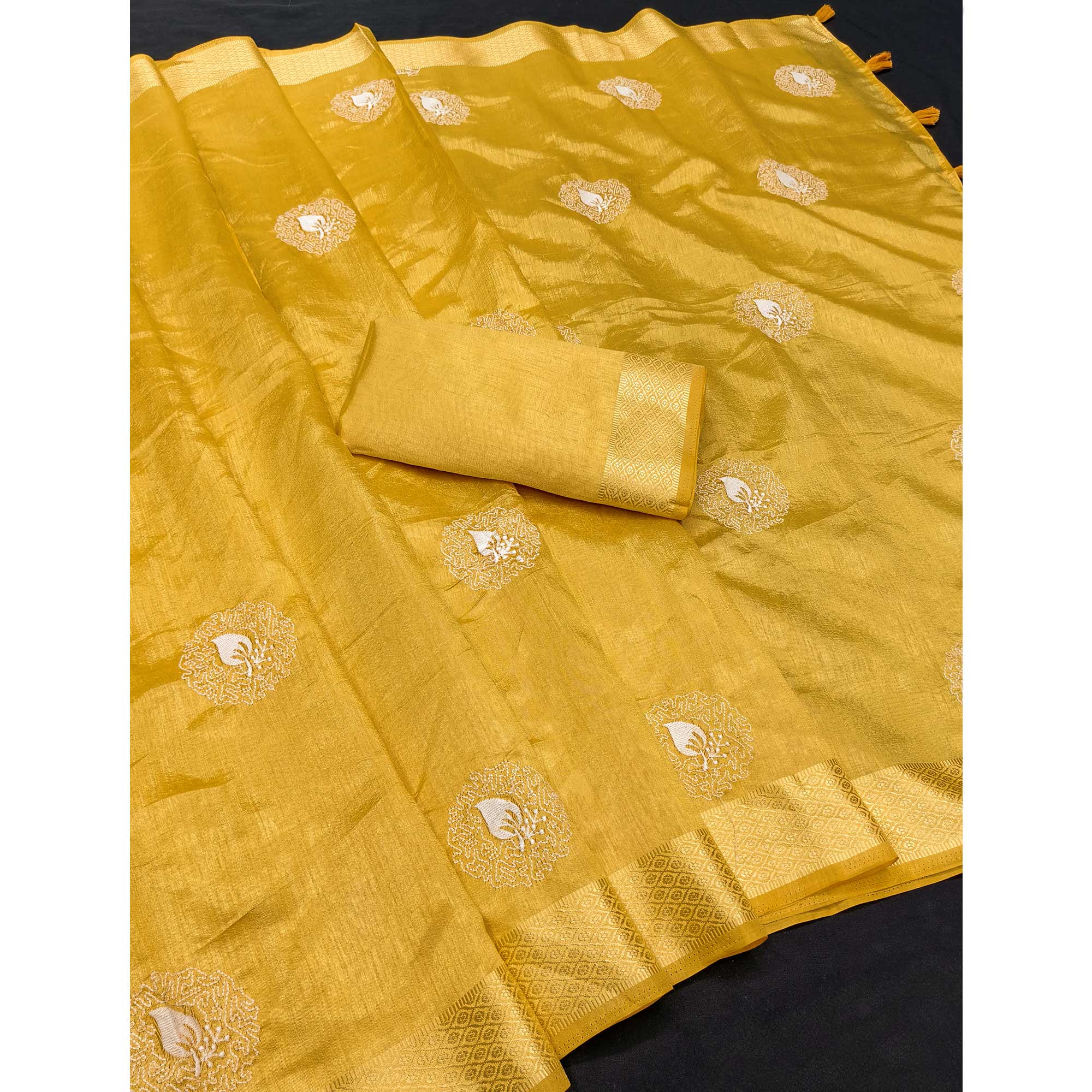 Yellow Embroidered Art Silk Saree Adorned with Classic Zari Weaving Details