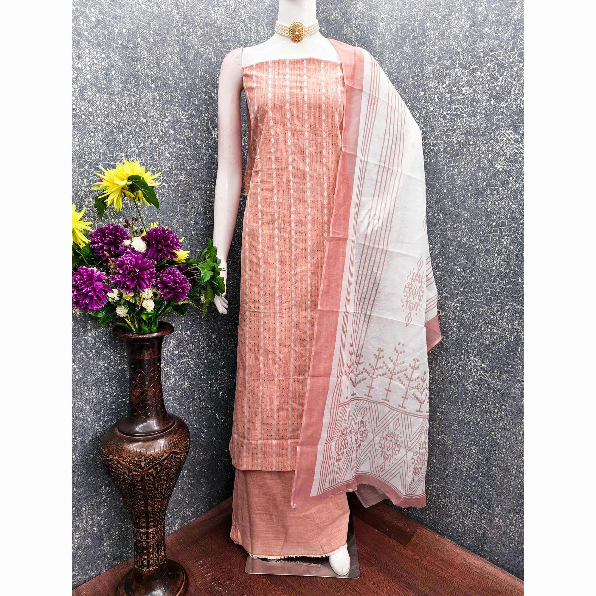 Classic Peach Pure Cotton Dress Material Featuring Intricate Weaving
