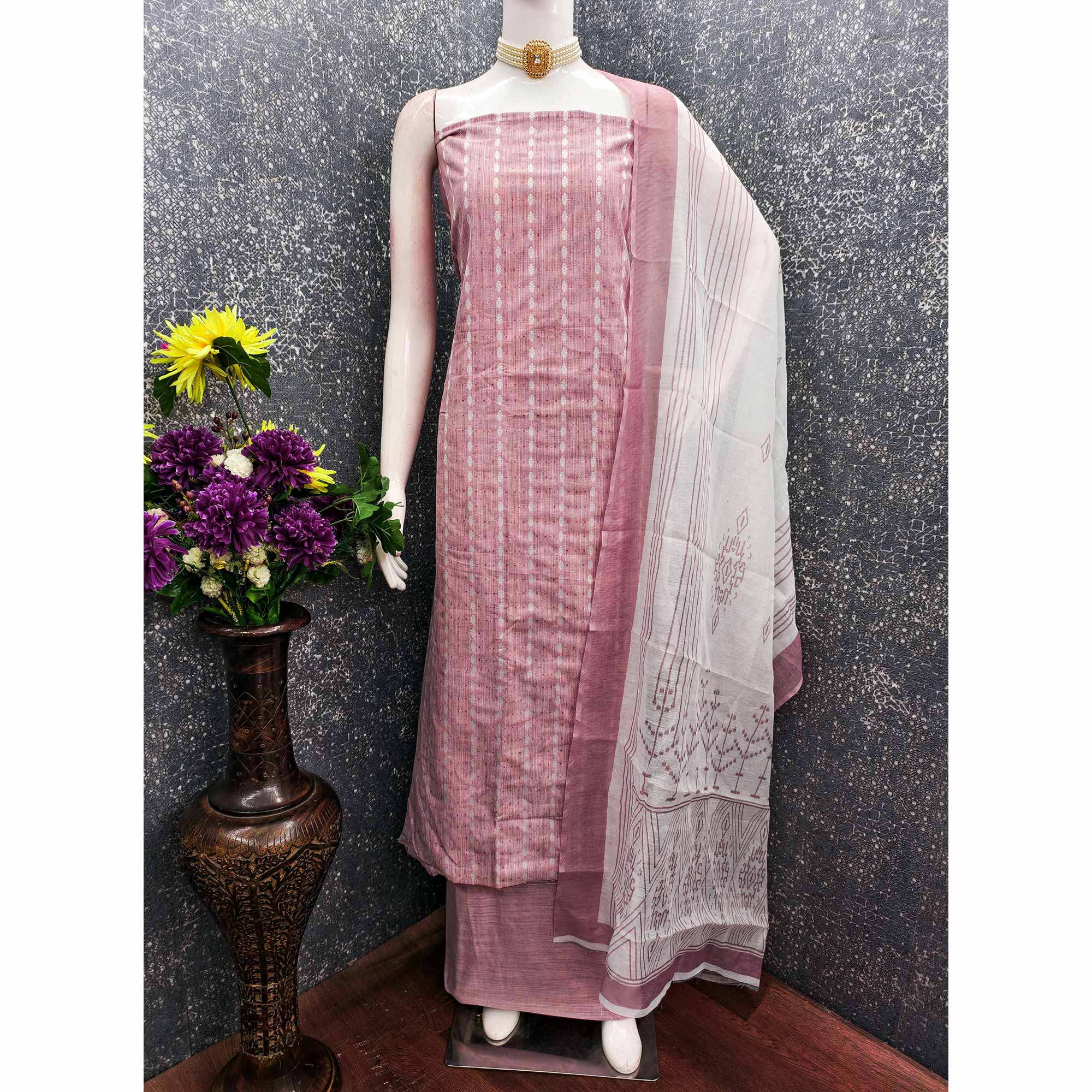 Classic Rose Pink Pure Cotton Dress Material Featuring Intricate Weaving