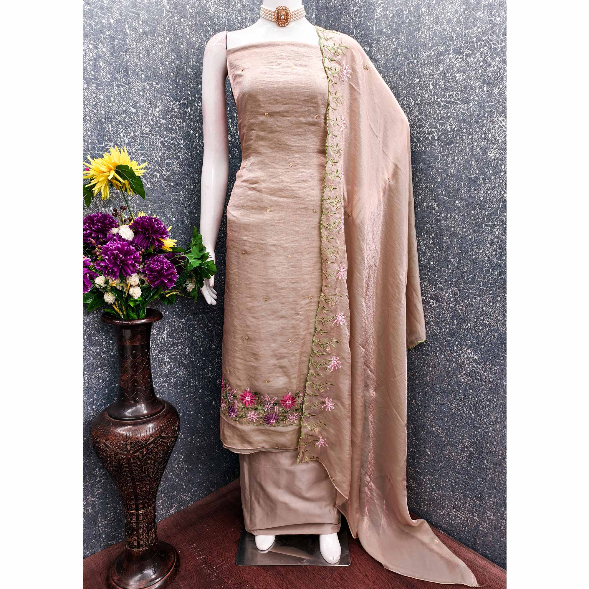 Designer Beige Satin Silk Dress Material with Fine Floral Embroidery