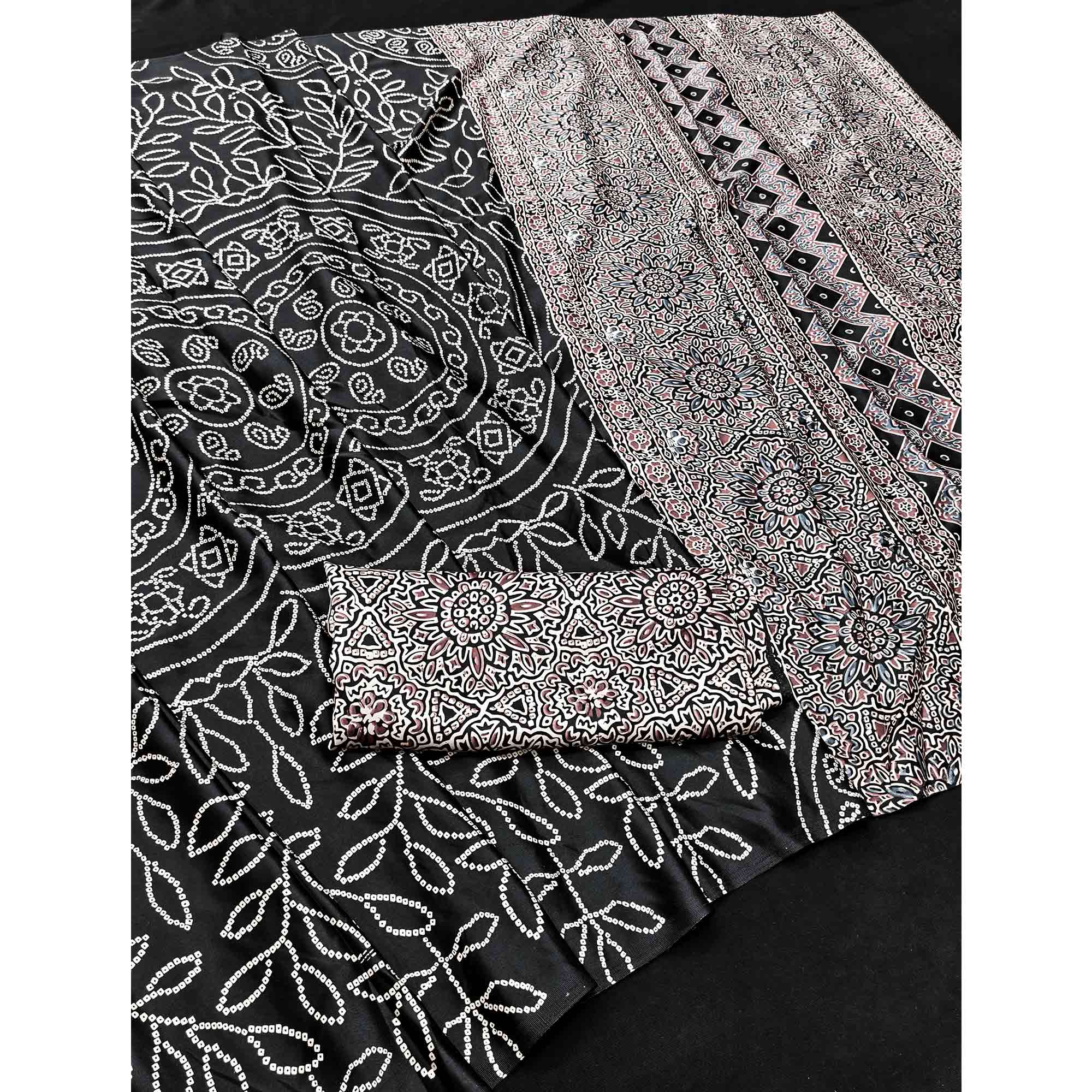 Black Moss Satin Silk Saree Featuring Bandhani Print & Ajrakh Pallu Work