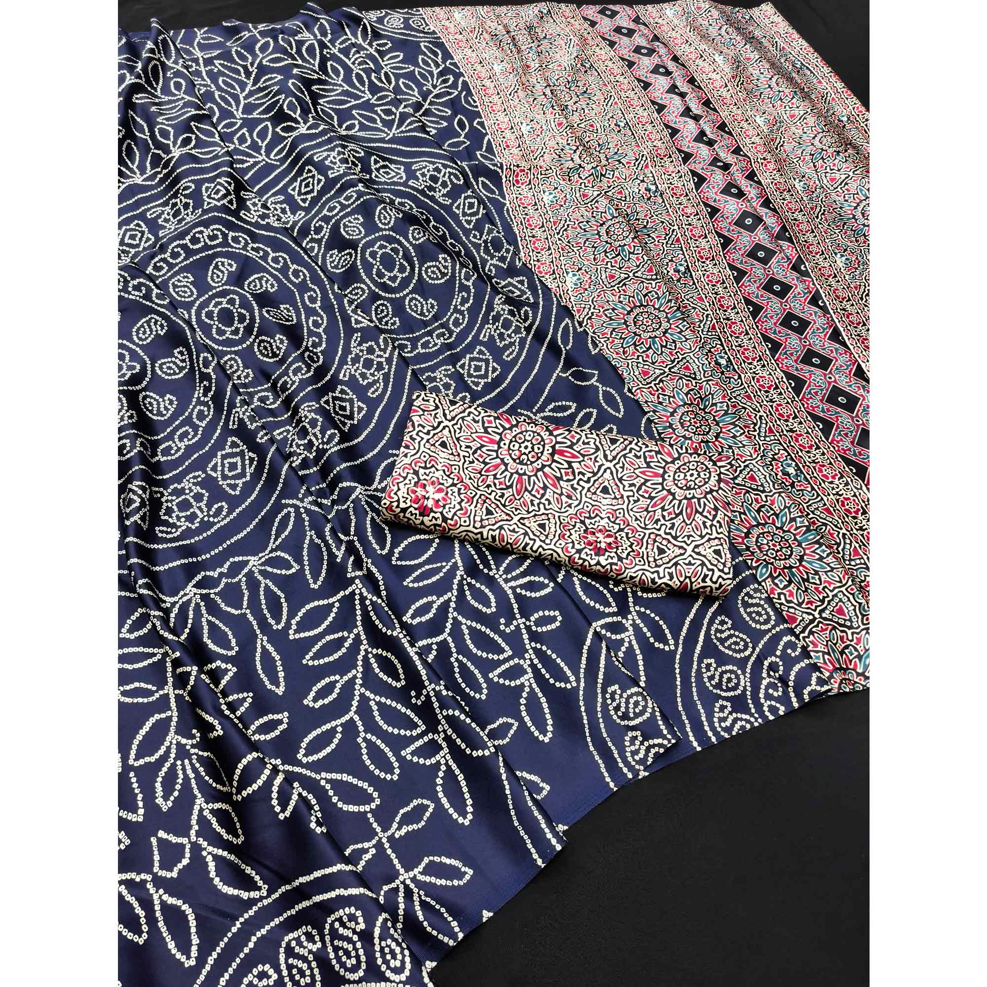 Blue Moss Satin Silk Saree Featuring Bandhani Print & Ajrakh Pallu Work