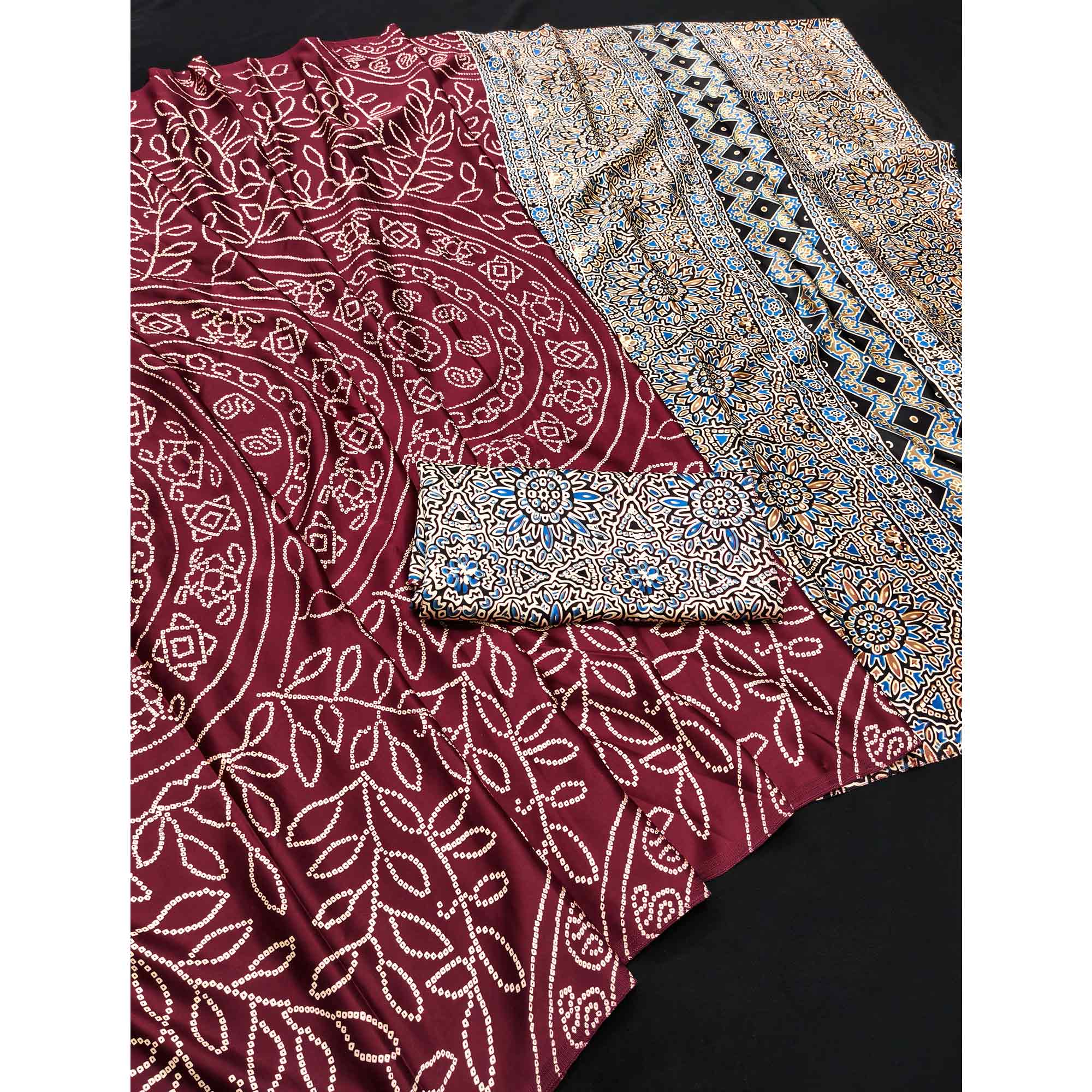 Maroon Moss Satin Silk Saree Featuring Bandhani Print & Ajrakh Pallu Work
