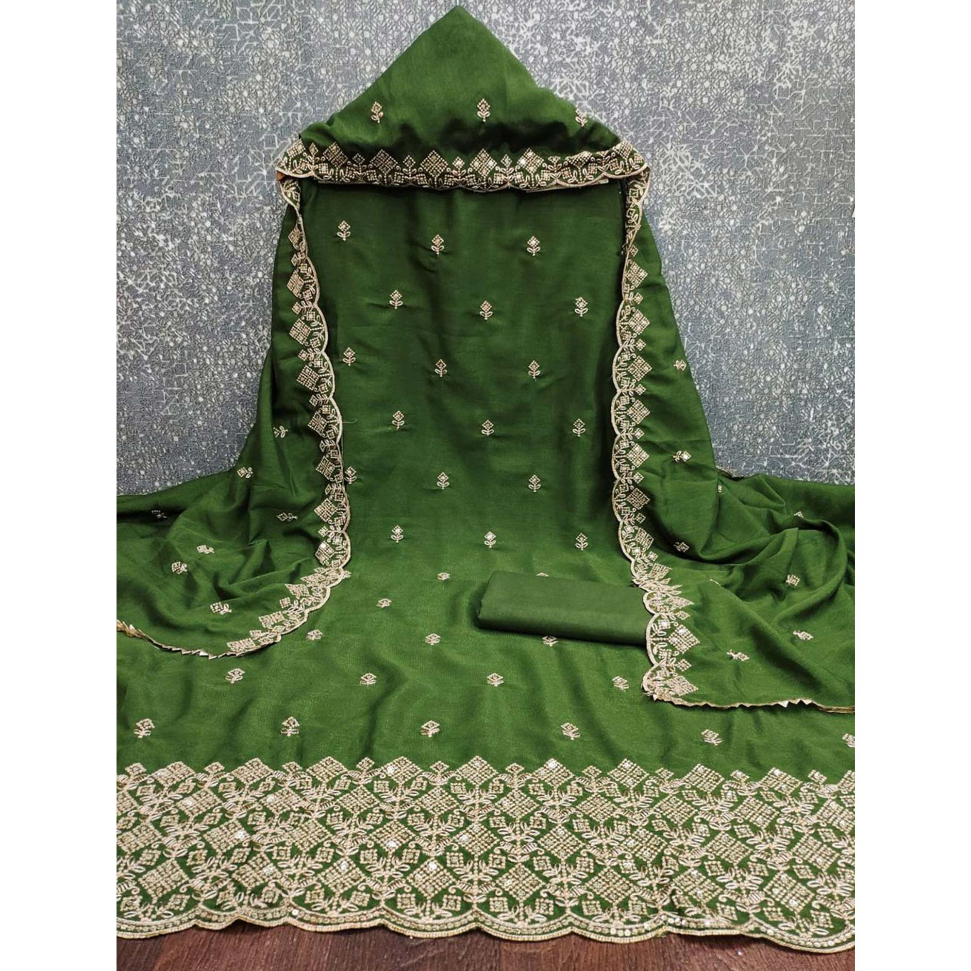 Festive Wear Green Vichitra Silk Dress Material with Sequins Embellishment