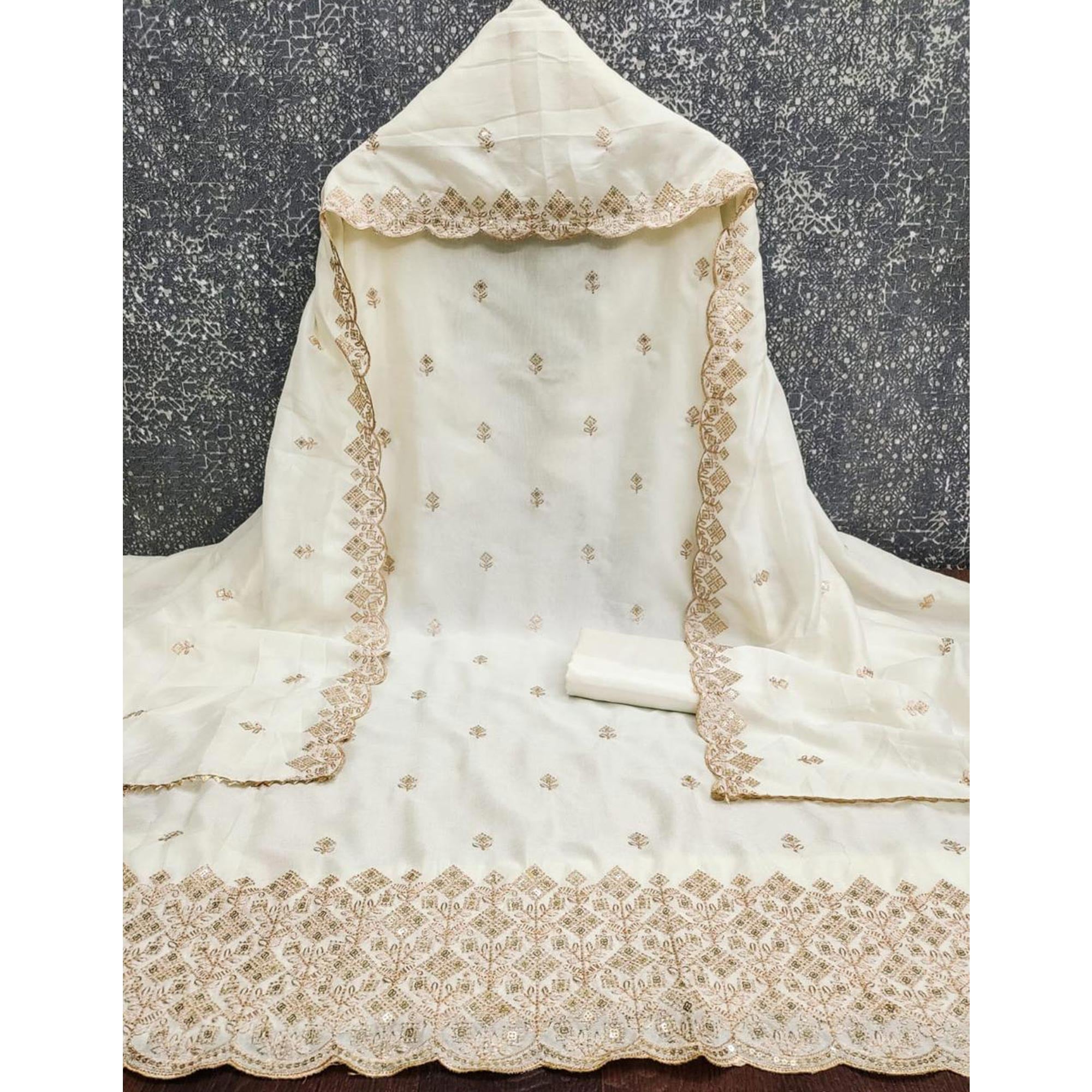 Festive Wear Off White Vichitra Silk Dress Material with Sequins Embellishment