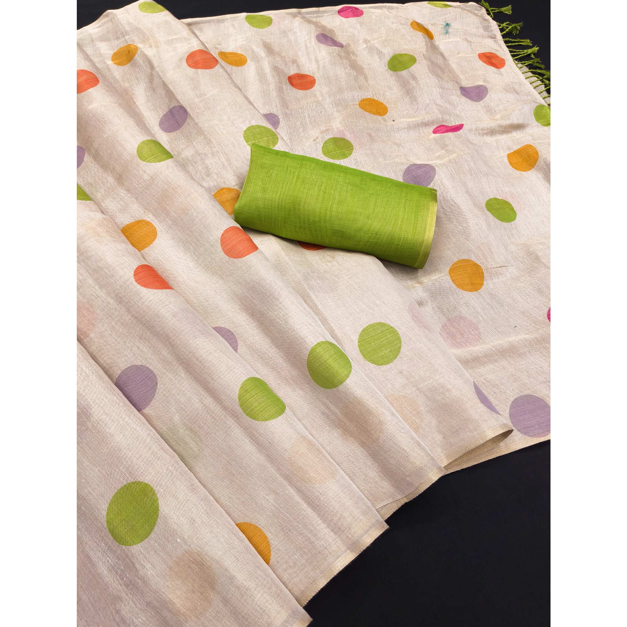 Cream Art Silk Saree with Contemporary Polka Dot Print & Tassel Edge