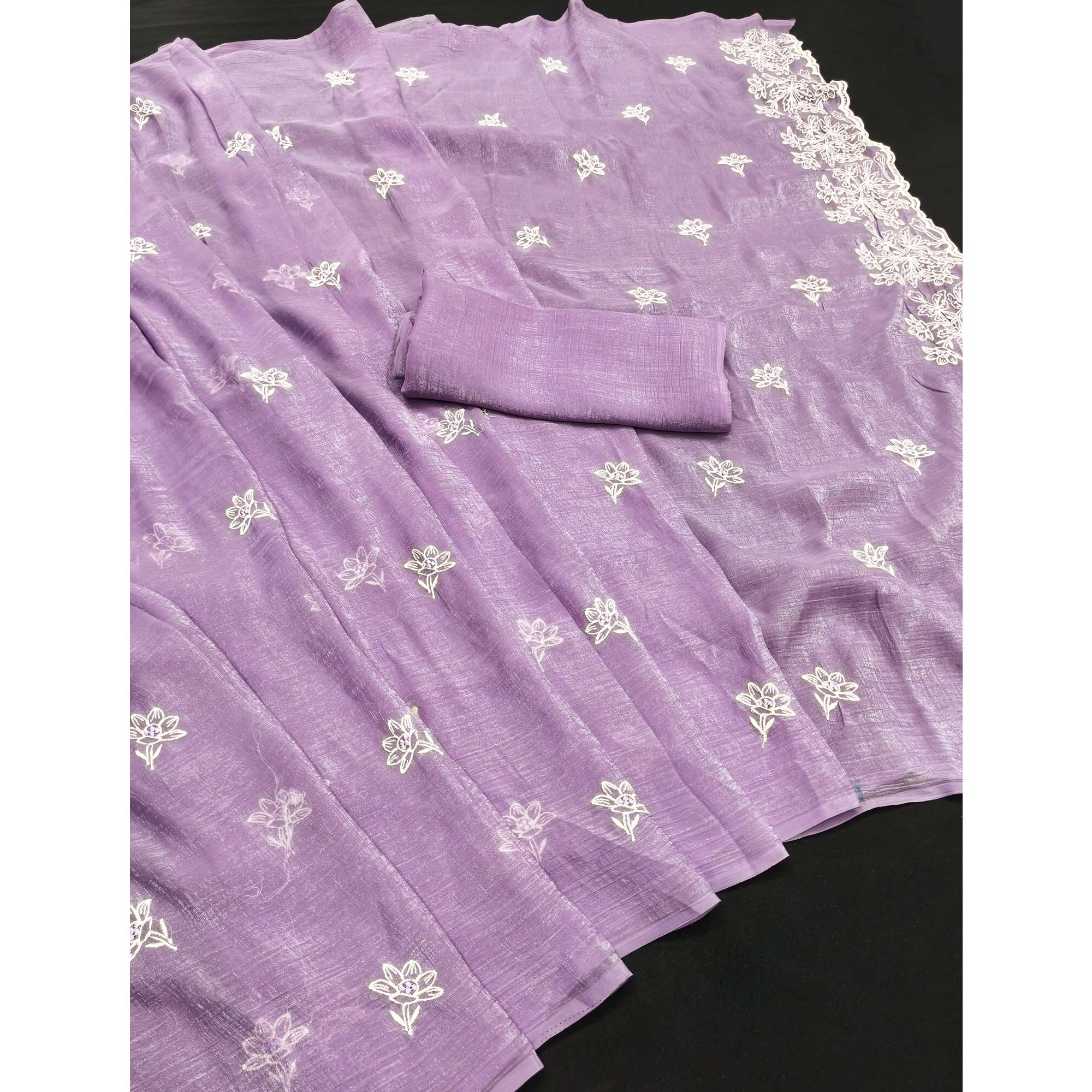 Timeless Lavender Floral Organza Saree with Embroidery for Parties
