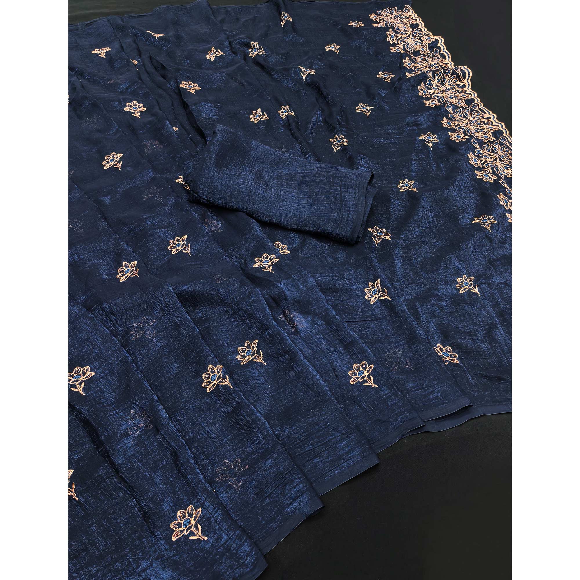 Timeless Navy Blue Floral Organza Saree with Embroidery for Parties