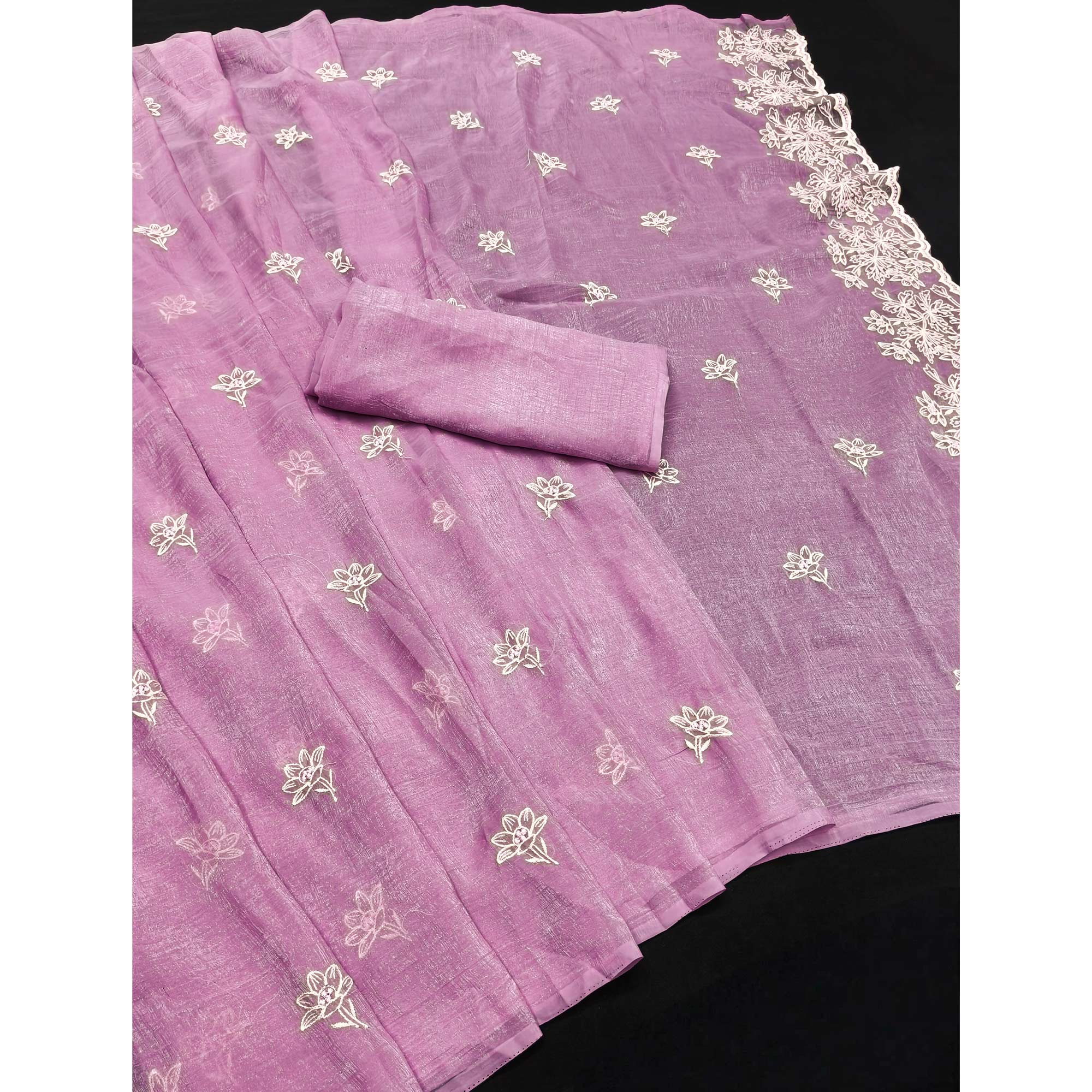 Timeless Pink Floral Organza Saree with Embroidery for Parties