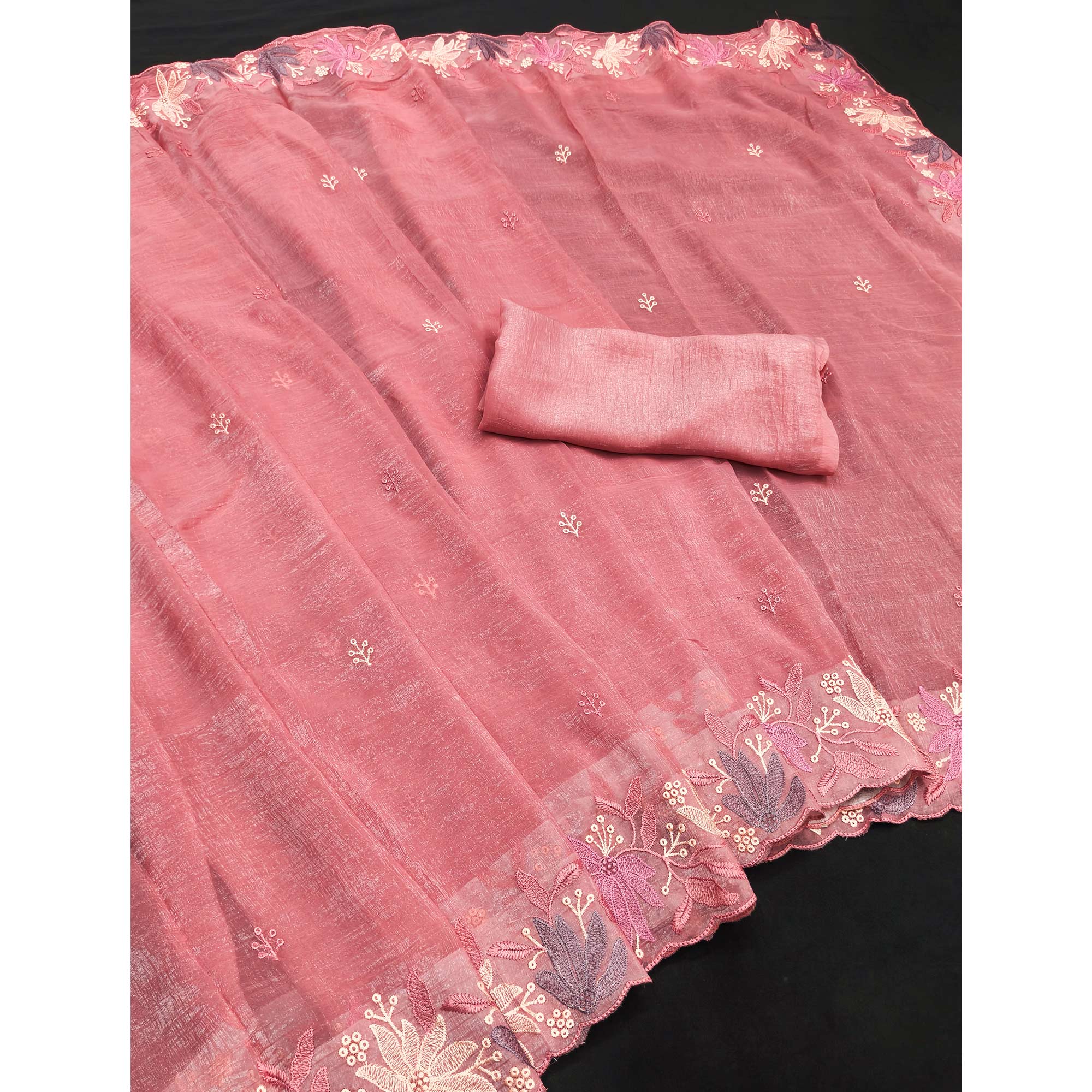 Peach Organza Party Saree with Intricate Floral Embroidery