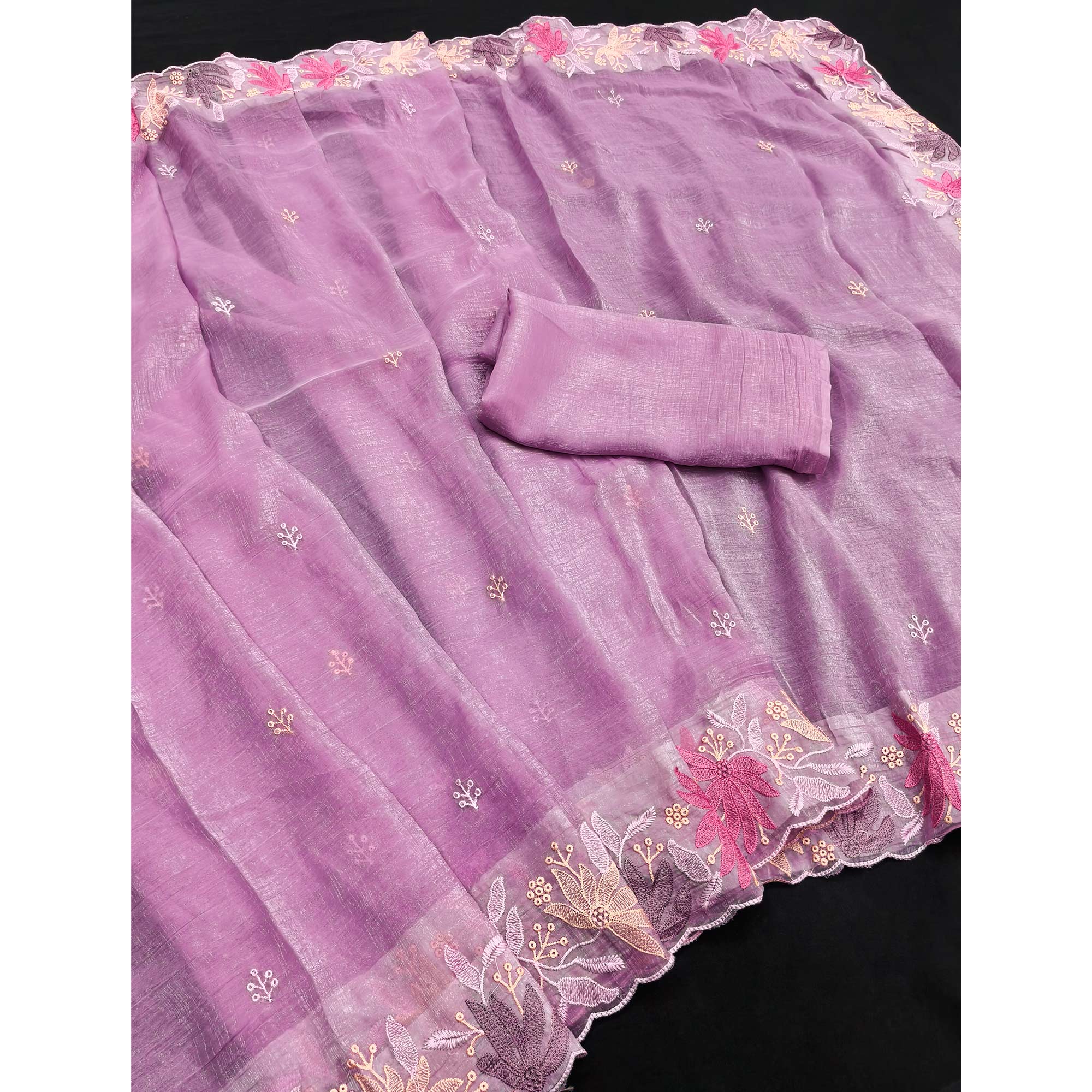 Pink Organza Party Saree with Intricate Floral Embroidery