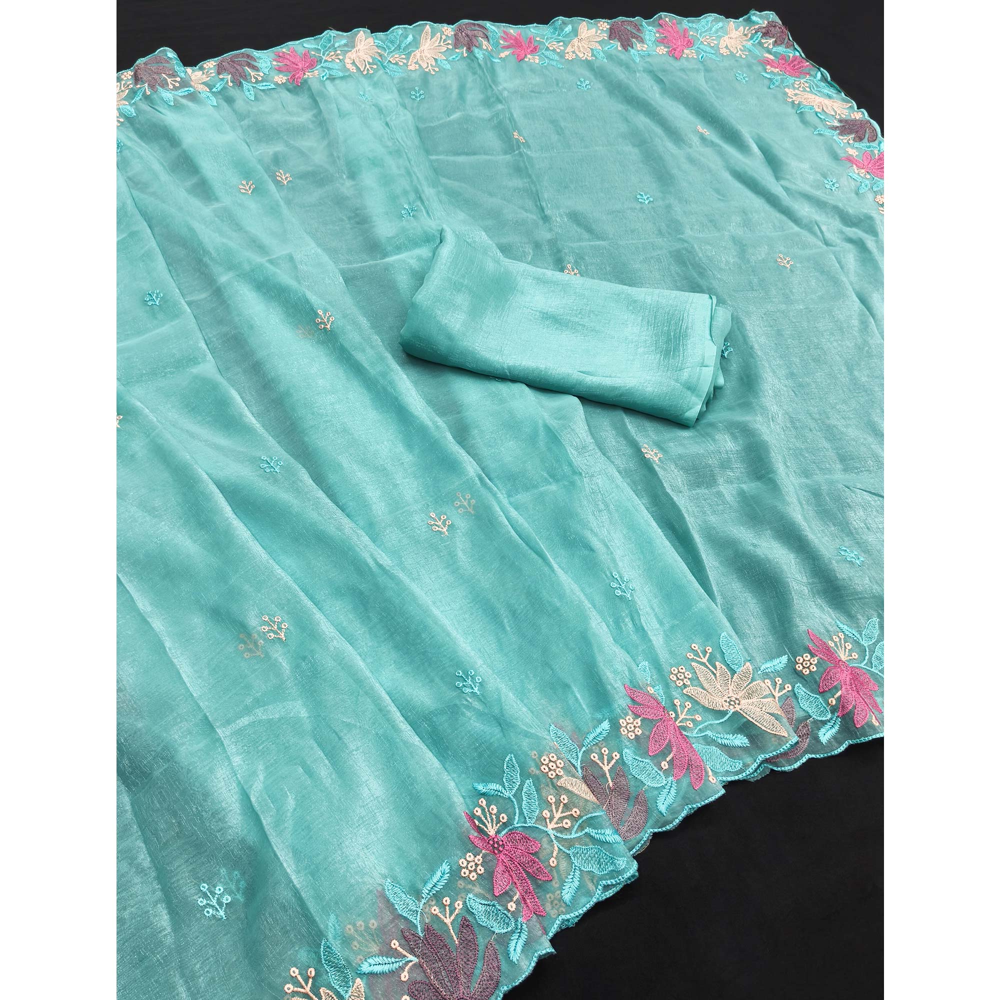 Turquoise Organza Party Saree with Intricate Floral Embroidery