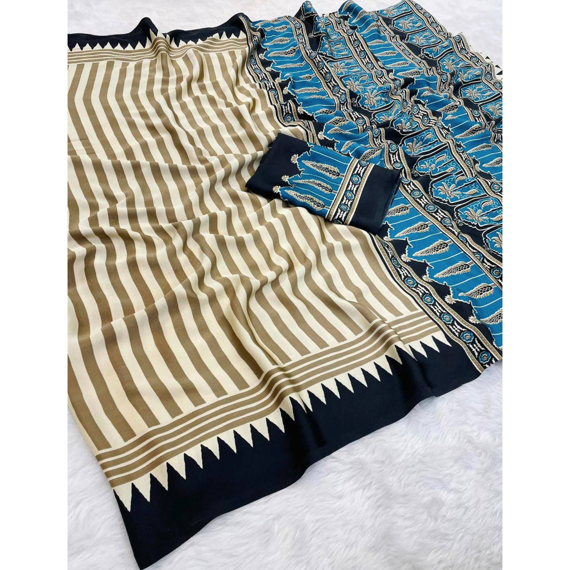 Graceful Chikoo & Black Crepe Silk Blend Saree Adorned with Bold Striped Print Work