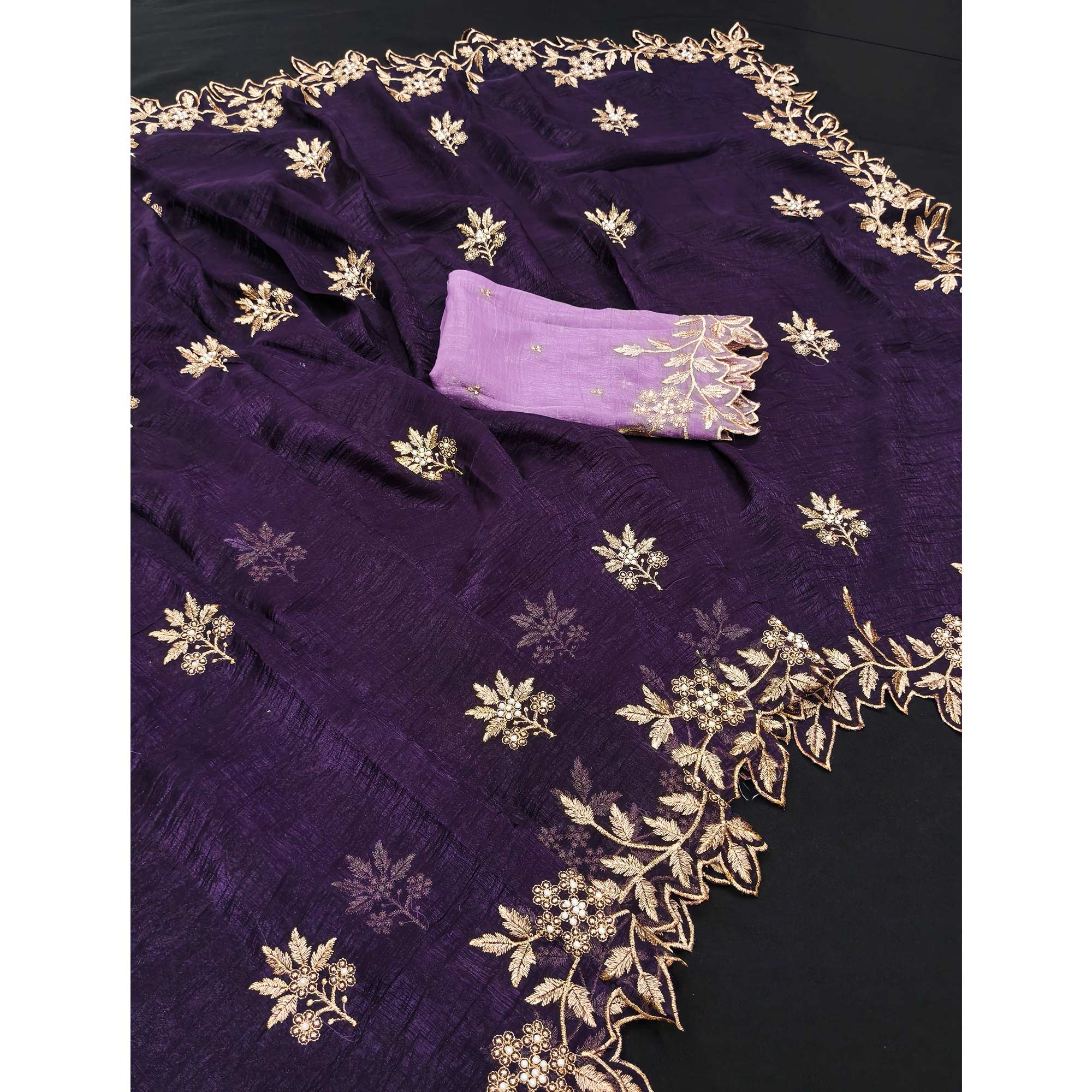 Regal Purple Chiffon Saree Adorned with Intricate Golden Embroidery